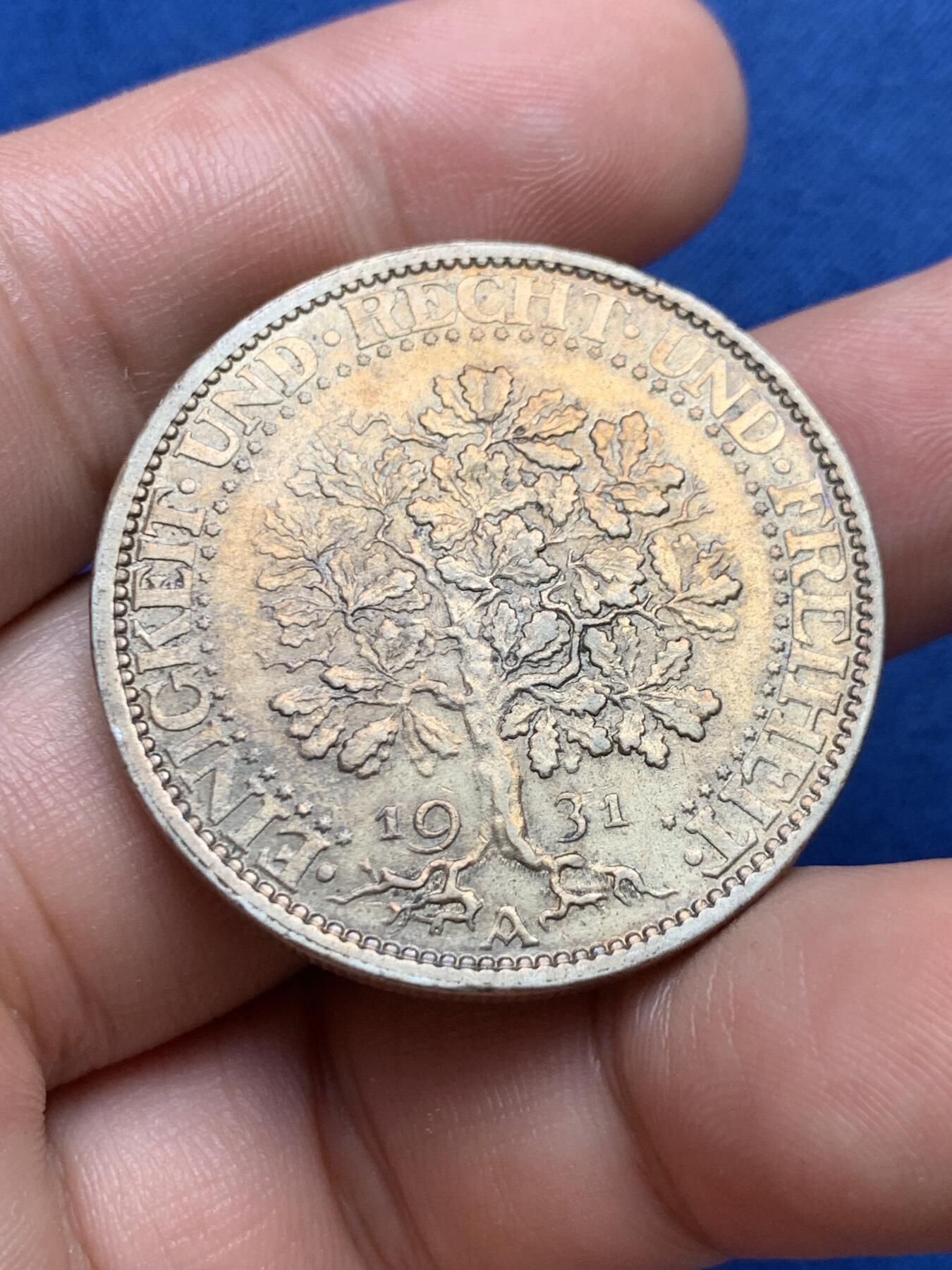 《竞宝斋》第396场 周日，周一，2场连拍 （全场包邮） 德国1931年橡树5马克银币，原味未洗黄油老包浆