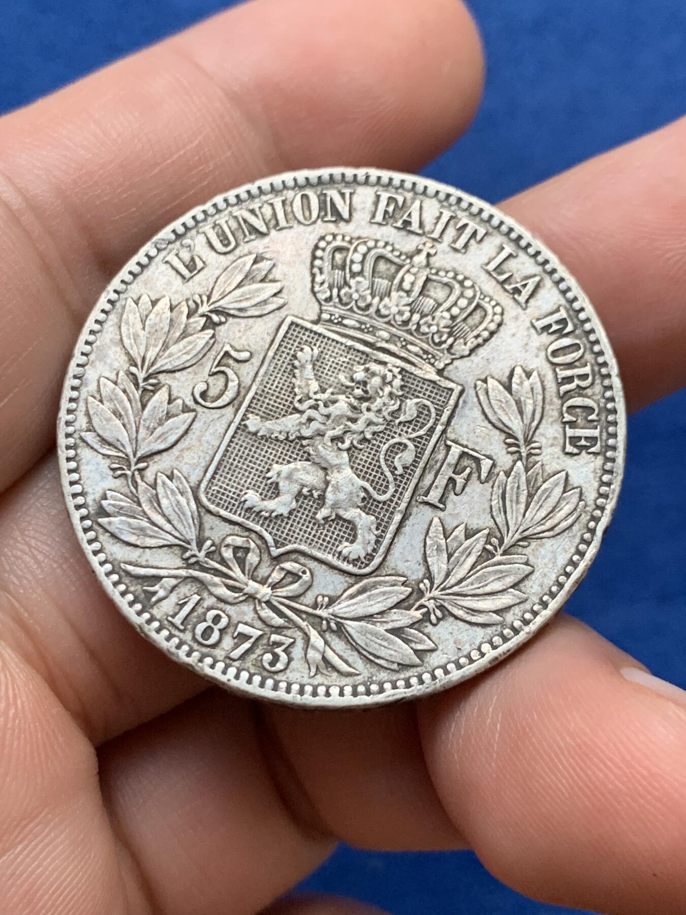 《竞宝斋》第397场 周日，周一，2场连拍 （全场包邮） 比利时 1873年 利奥波德二世 5法郎 大银币 细节见图