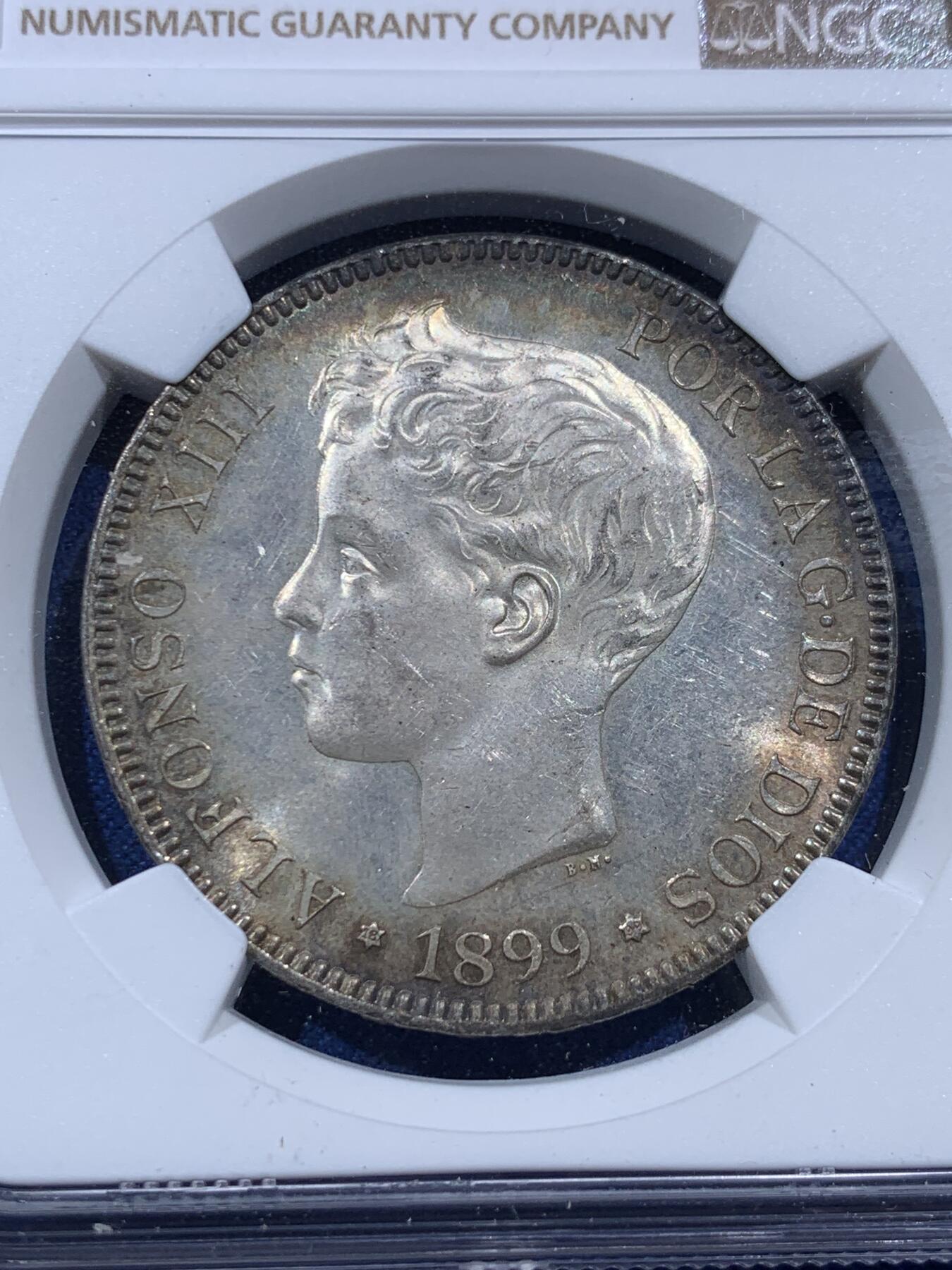 《竞宝斋》第396场 周日，周一，2场连拍 （全场包邮） NGC MS63 西班牙1899年阿方索十三世小孩头5比塞塔大银币，经典男童设计