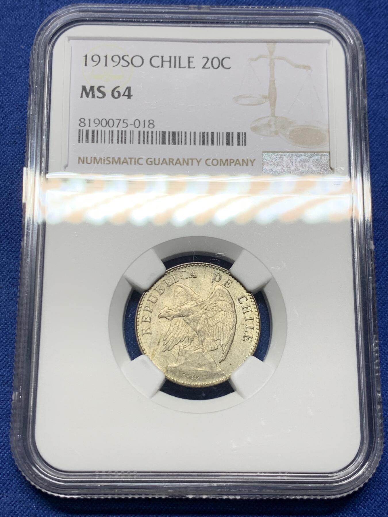 《竞宝斋》第396场 周日，周一，2场连拍 （全场包邮） NGC MS64 智利1919年20分银币 品相一流小辅币 更高分仅三枚