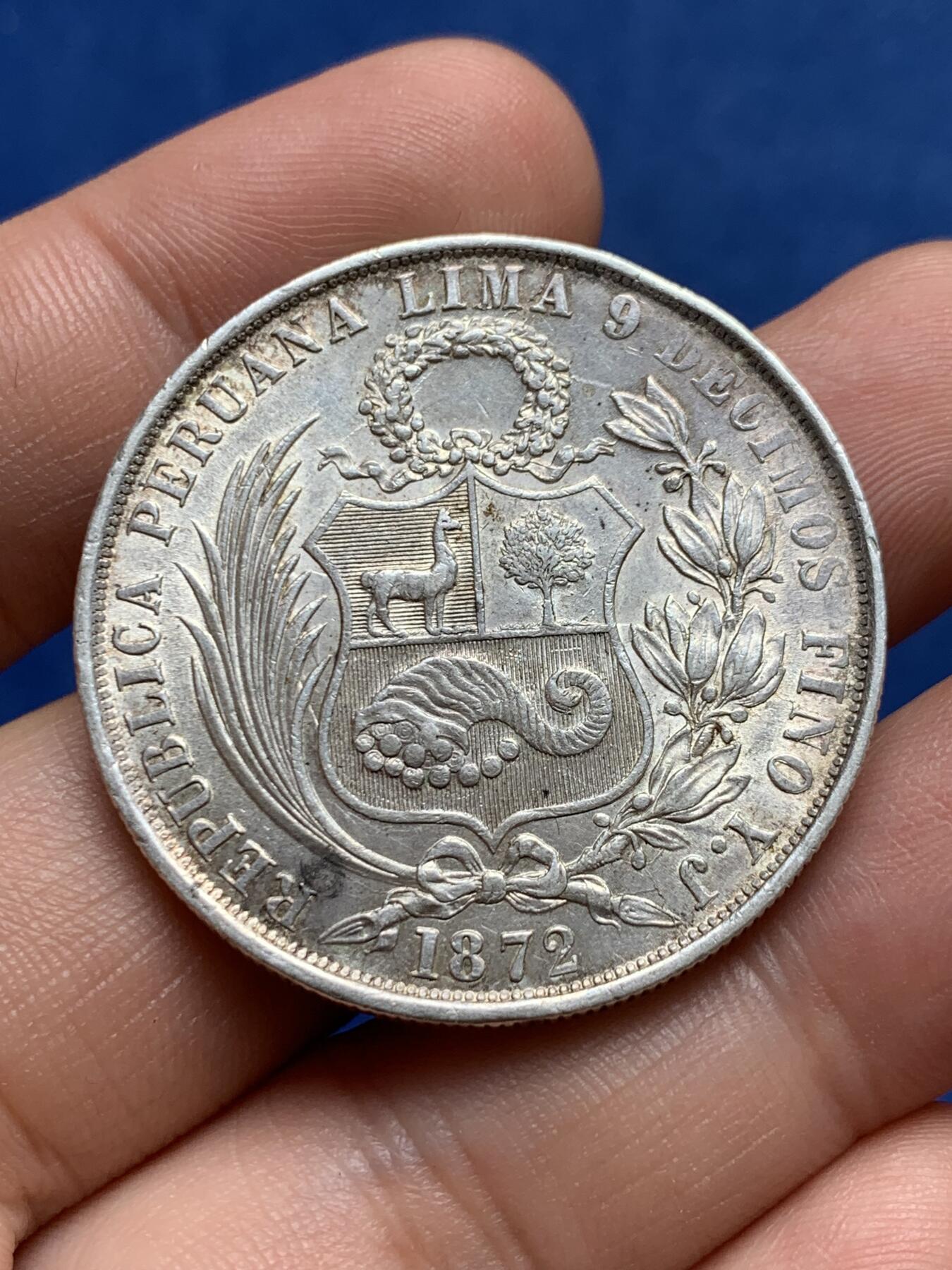 《竞宝斋》第396场 周日，周一，2场连拍 （全场包邮） 秘鲁1872年1索尔大银 原味好品 早期版本 细节见图