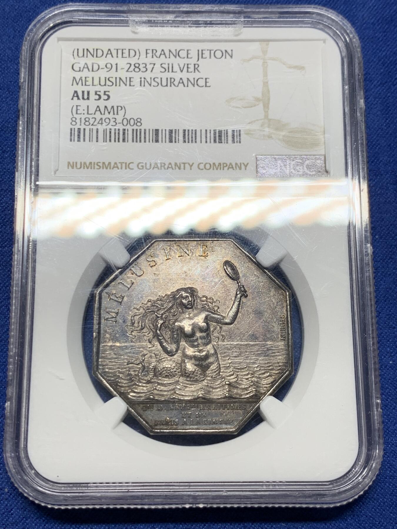 《竞宝斋》第397场 周日，周一，2场连拍 （全场包邮） NGC AU55 法国海妖美人鱼八角银章代用币 名誉品 法国八角目录封面作品 五彩包浆 非常迷人