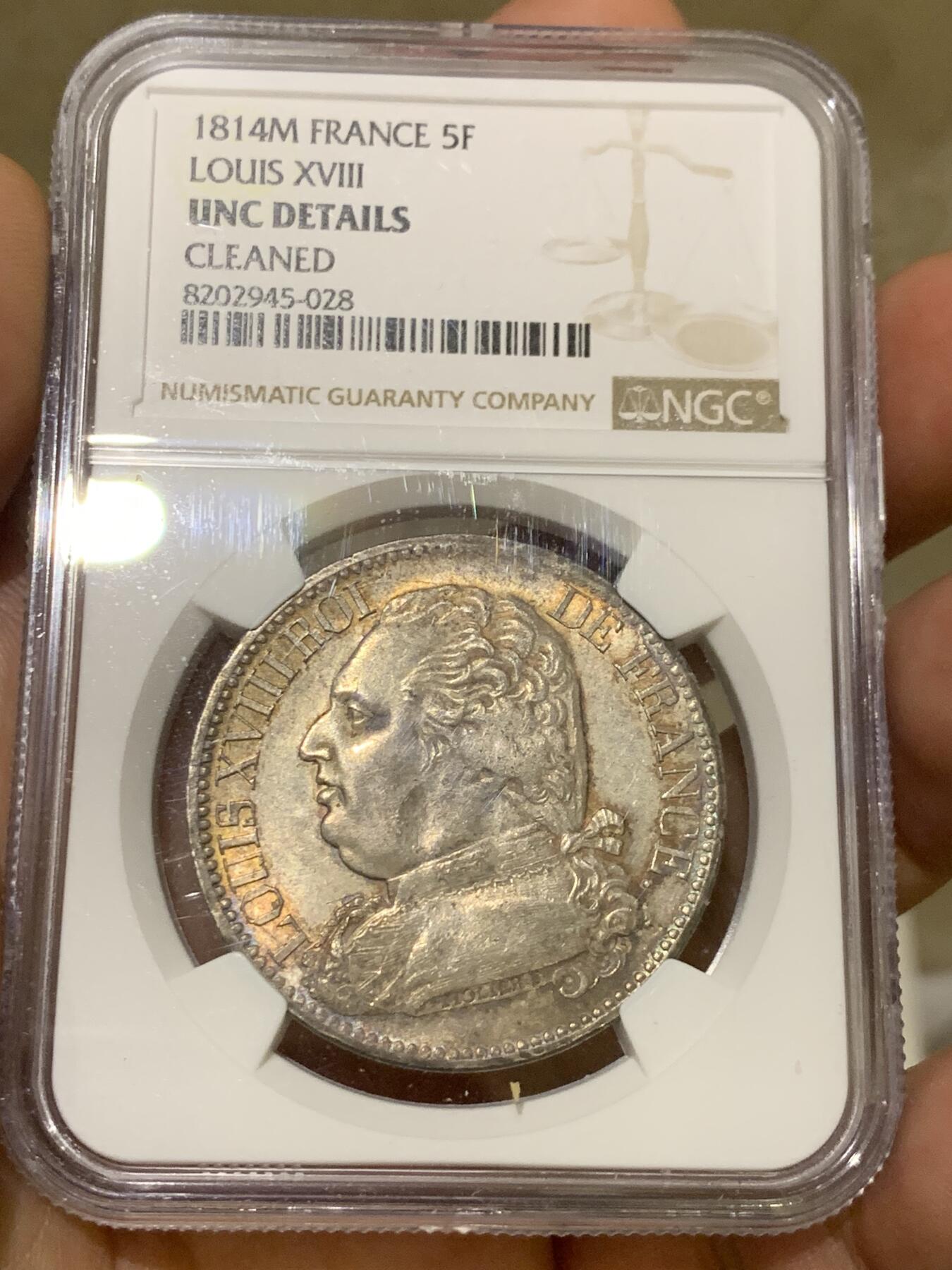 《竞宝斋》第396场 周日，周一，2场连拍 （全场包邮） NGC UNCD 法国1814年路易十八戎装版5法郎银币 人像像深打 凹凸有致 高耸发丝体力感强 养眼包浆