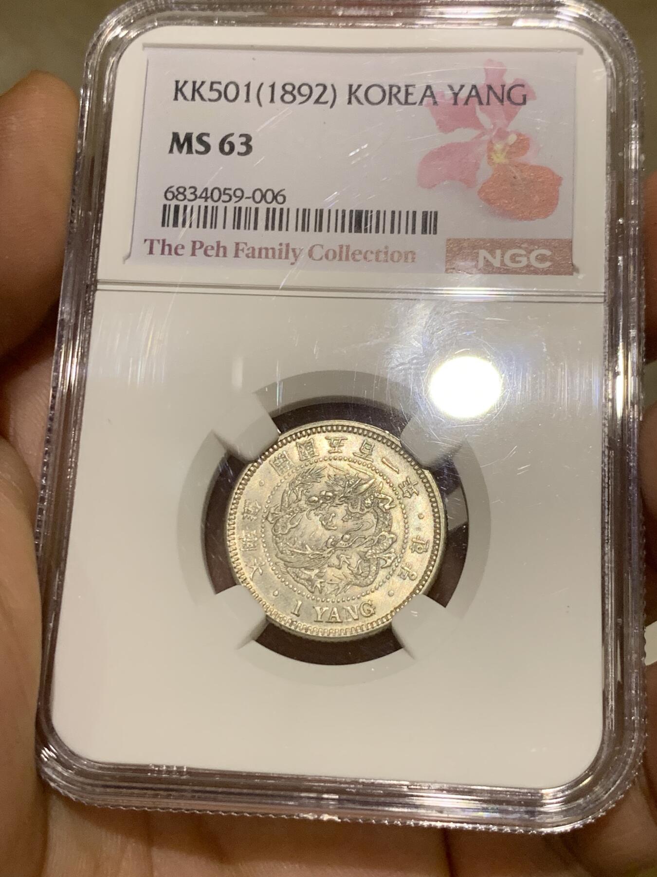 《竞宝斋》第397场 周日，周一，2场连拍 （全场包邮） NGC MS63 朝鲜1892开国501年一两银币 新加坡船王白氏旧藏 粉彩高分深打 完全可冲击64 双龙戏珠李花经典图案 NGC致敬名家特别标签 朝鲜钱币收藏领域不可或缺的龙头品种