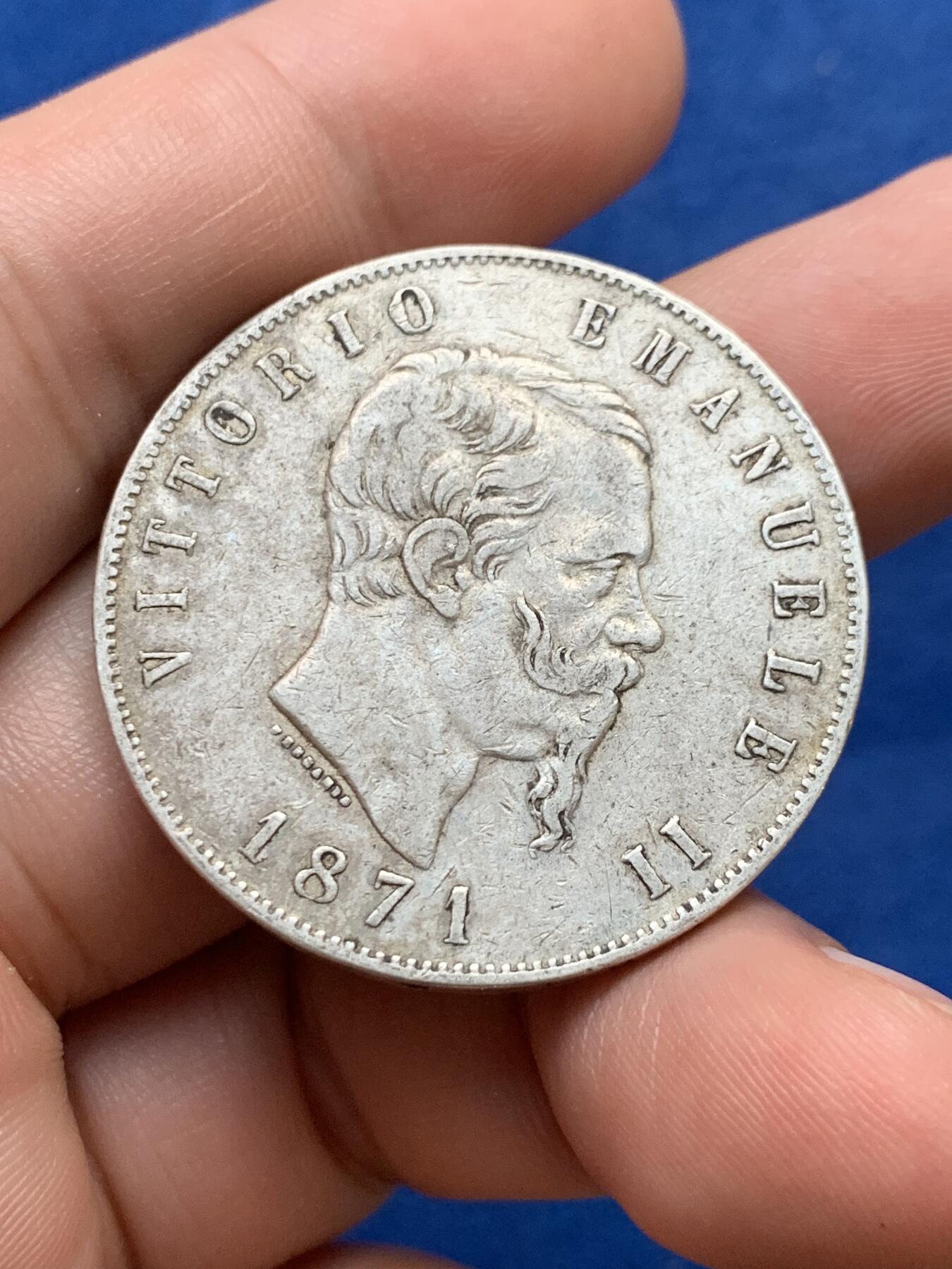 《竞宝斋》第397场 周日，周一，2场连拍 （全场包邮） 意大利 1871年 伊曼纽尔二世 5里拉 银币