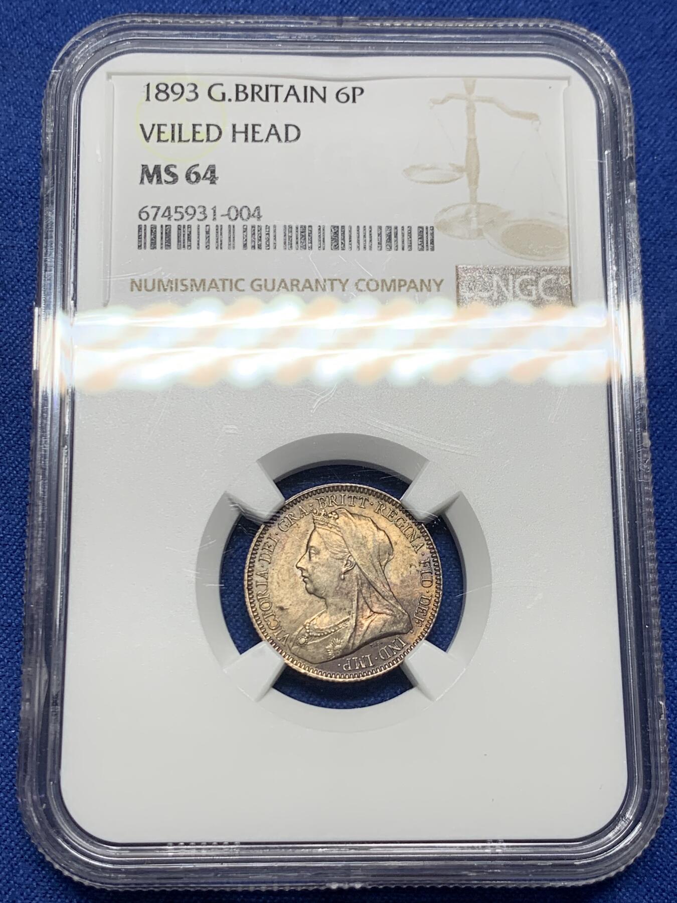 《竞宝斋》第396场 周日，周一，2场连拍 （全场包邮） NGC MS64 英国1893维多利亚披纱6便士，紫罗兰彩，披纱好品少见