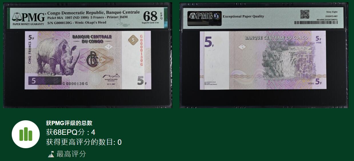 《艾美收藏》第202期-周日外币超精品场 刚果民主共和国1997年5法郎PMG68E冠军分百位130号 稀缺品 Pick#86A
