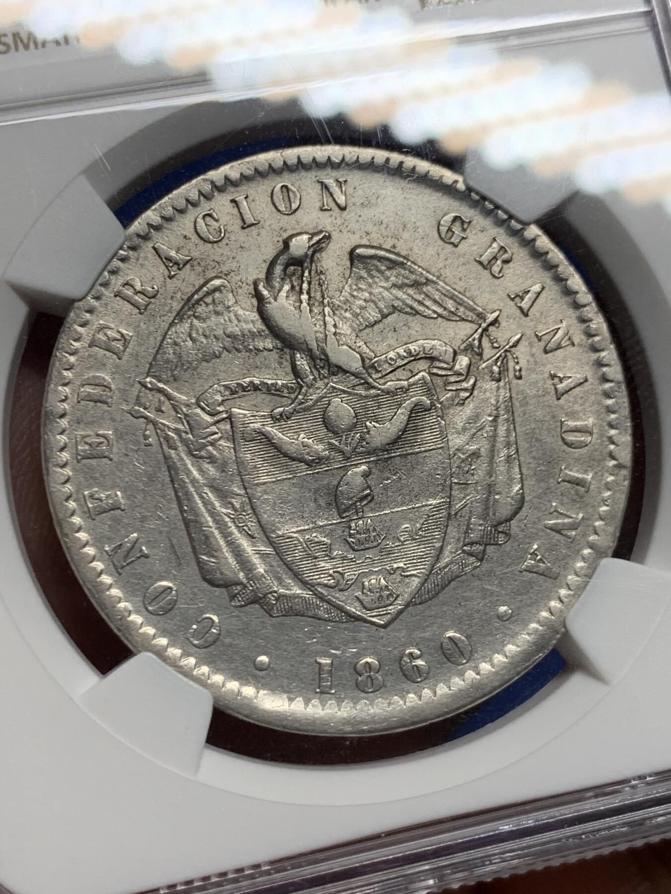 《竞宝斋》第396场 周日，周一，2场连拍 （全场包邮） NGC XFD 哥伦比亚1860年1比索银币 热门南美洲大银币 波哥大厂 非常少见的品种