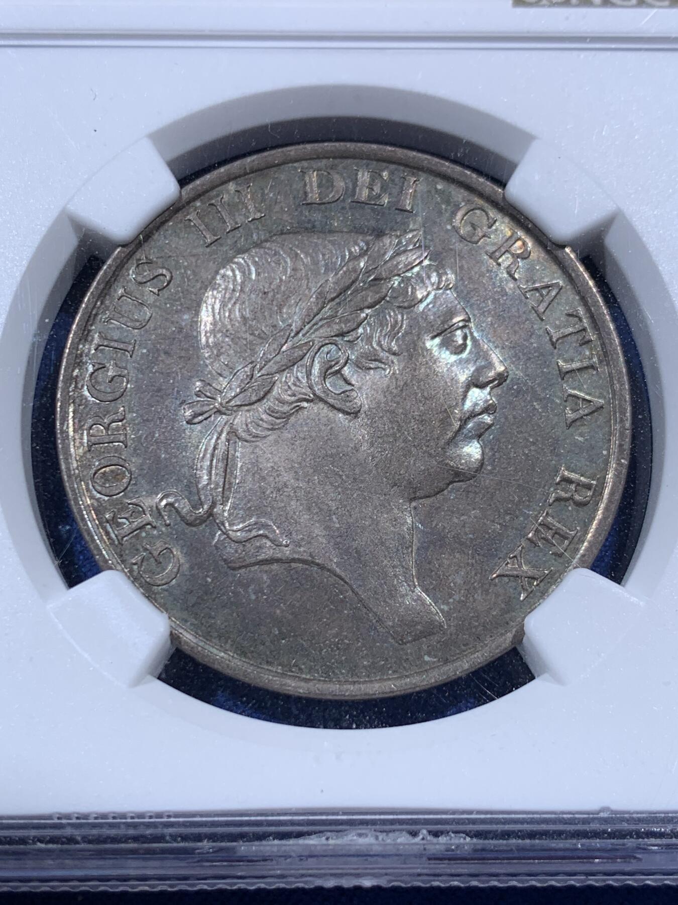 《竞宝斋》第397场 周日，周一，2场连拍 （全场包邮） NGC MS64 英国1812乔治三世 英格兰银行3先令银币，金绿色包浆，原状态