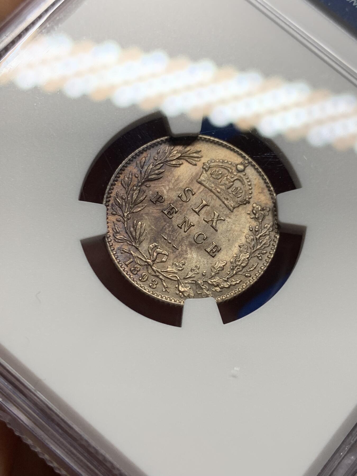 《竞宝斋》第396场 周日，周一，2场连拍 （全场包邮） NGC MS64 英国1893维多利亚披纱6便士，紫罗兰彩，披纱好品少见