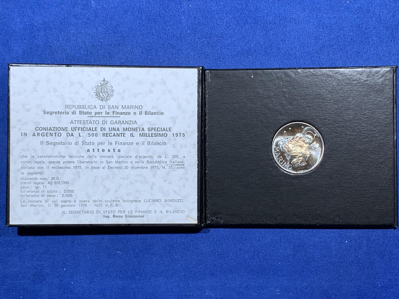 《竞宝斋》第396场 周日，周一，2场连拍 （全场包邮） 卡装 圣马力诺1975年钱币局开业纪念500里拉银币
