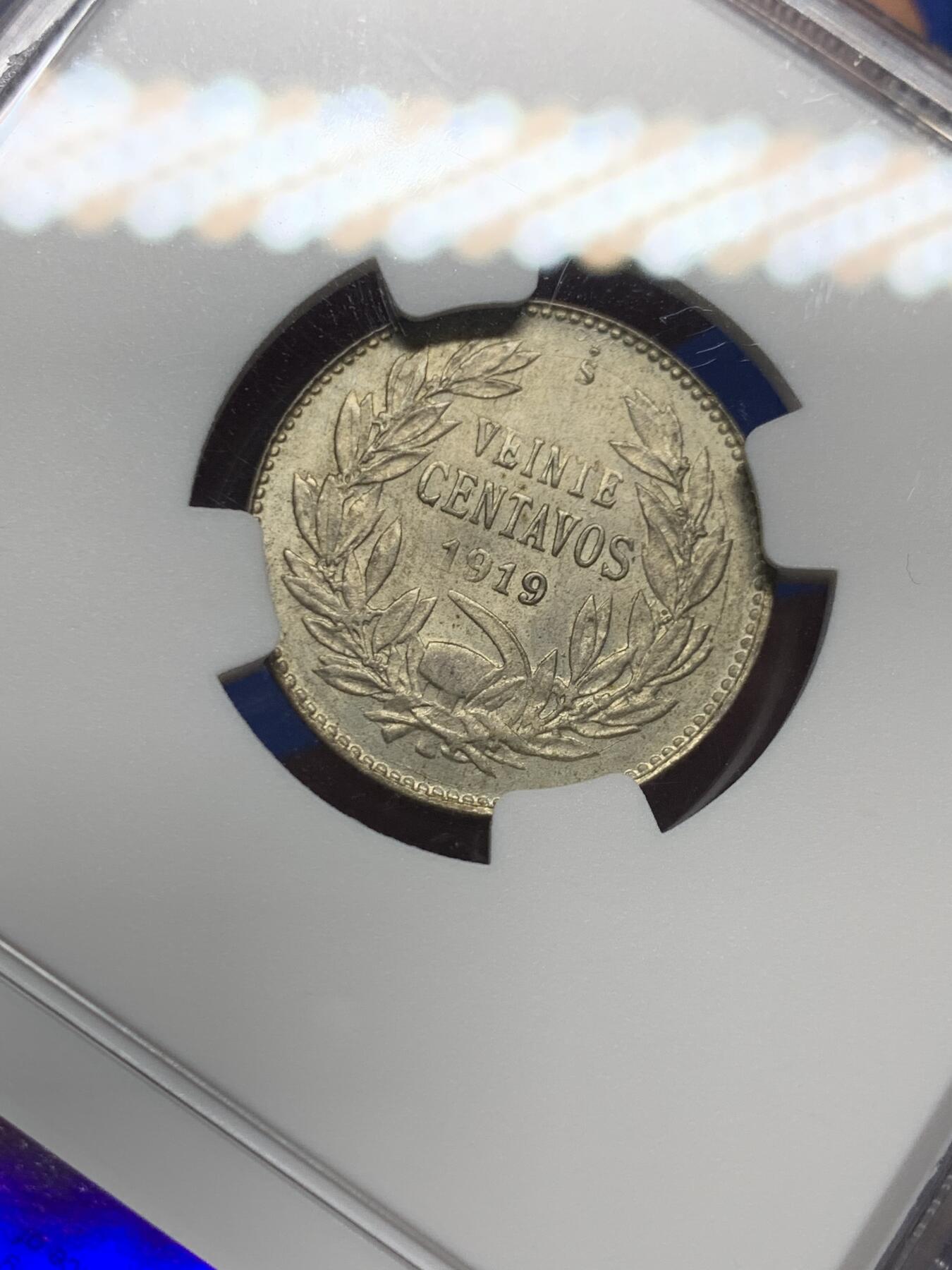 《竞宝斋》第396场 周日，周一，2场连拍 （全场包邮） NGC MS64 智利1919年20分银币 品相一流小辅币 更高分仅三枚