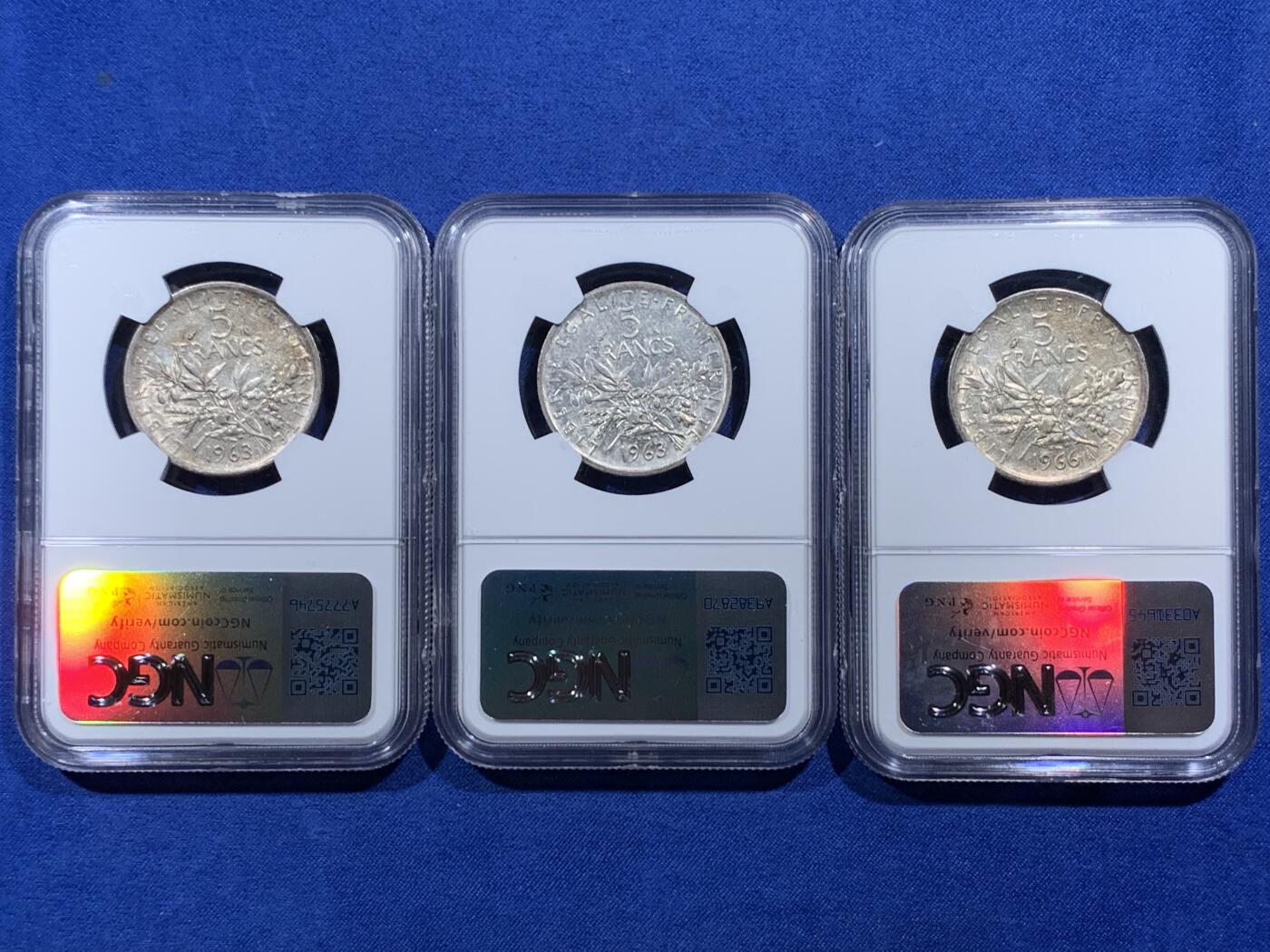 《竞宝斋》第396场 周日，周一，2场连拍 （全场包邮） 三枚一组 NGC AU53、AU55、AU50 法国播种女神5法郎银币