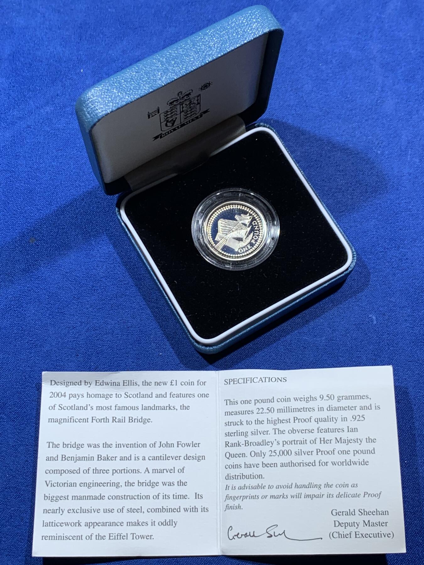 《竞宝斋》第396场 周日，周一，2场连拍 （全场包邮） 英国2004年1英镑精制银币 桥系列-福斯铁路桥（苏格兰） 925银9.5克 最大发行量：2万5千 盒证全