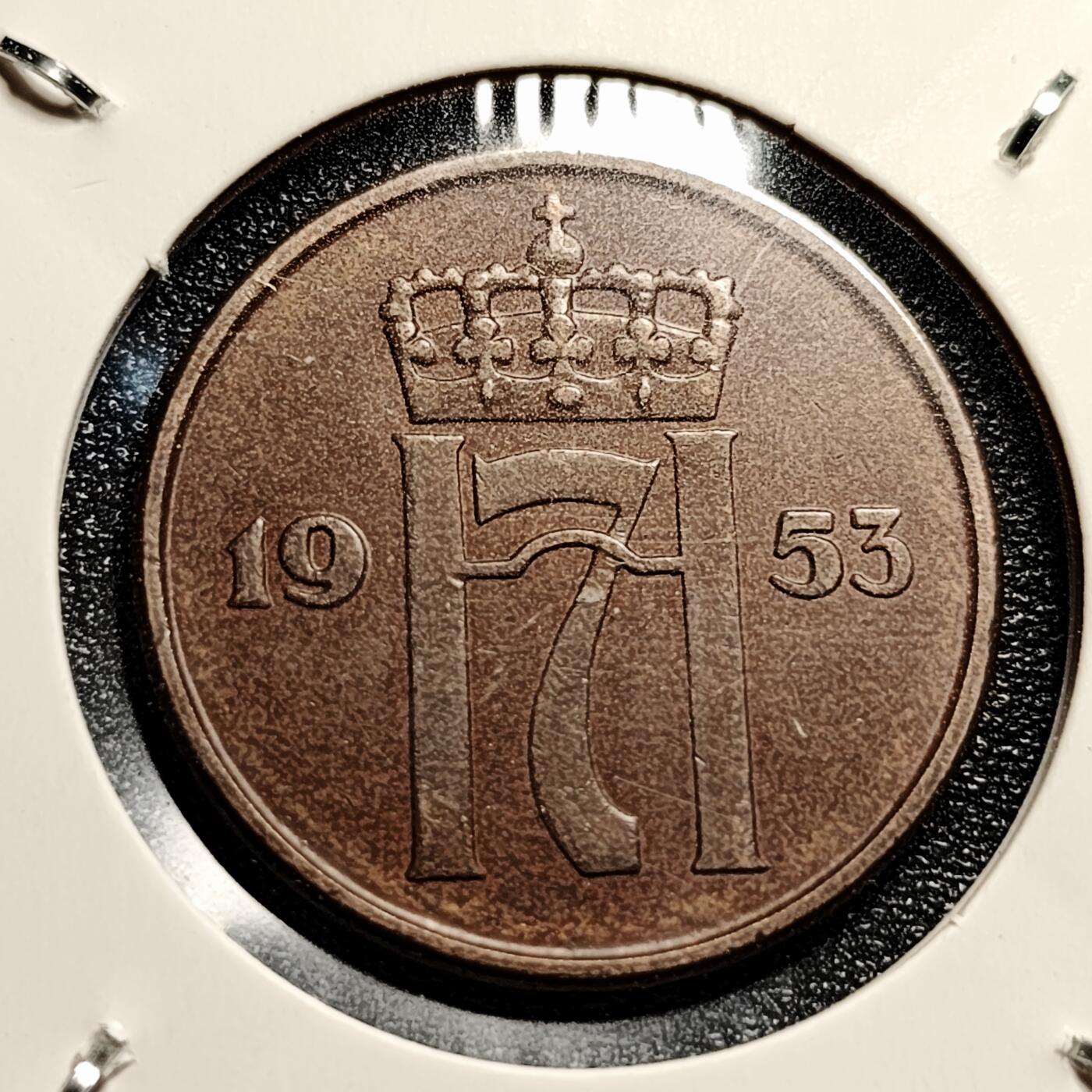 泉币菌-第45场-周末精品福利场 极美 挪威1953年 5欧尔铜币 国王哈康七世