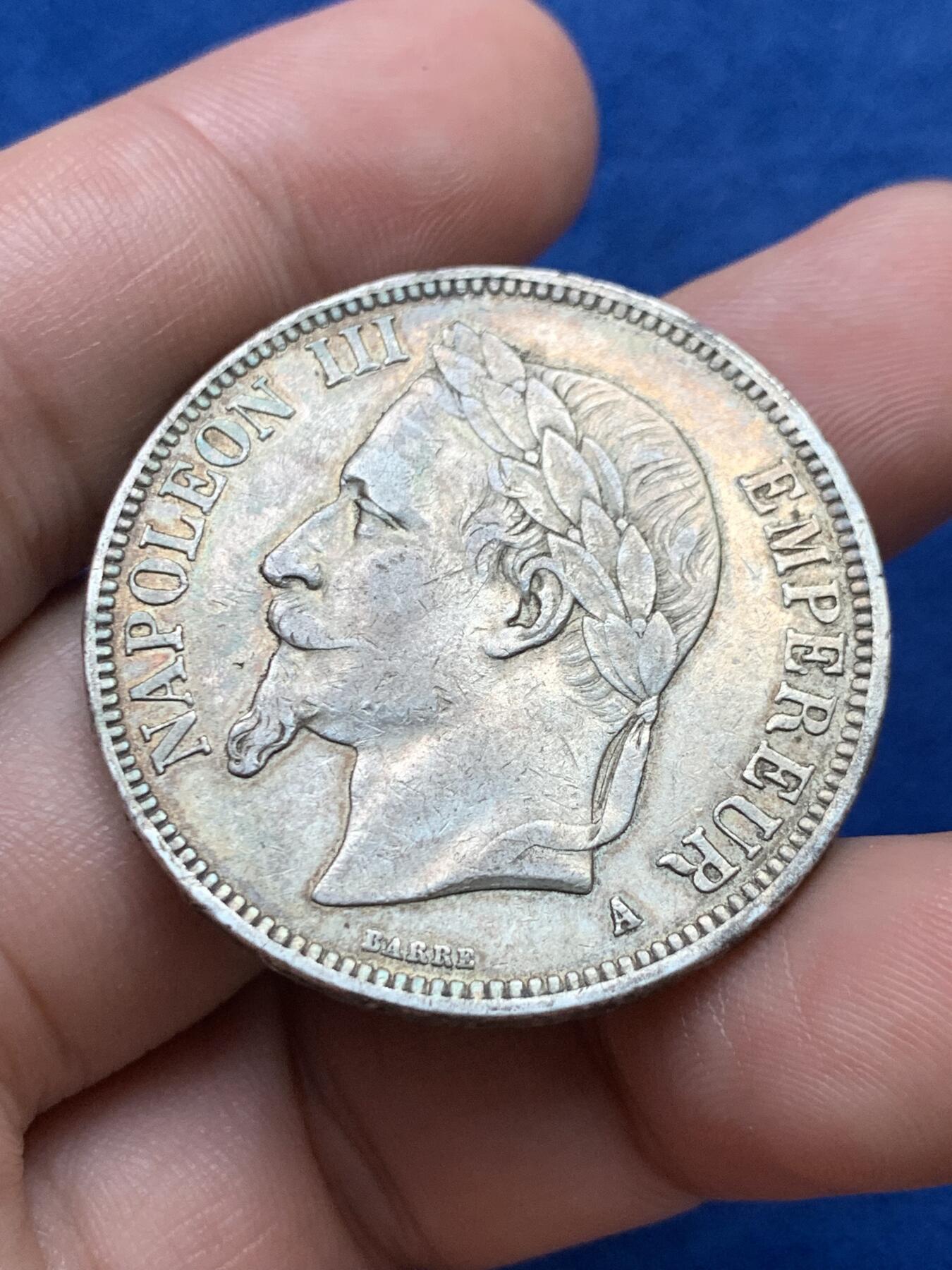 《竞宝斋》第397场 周日，周一，2场连拍 （全场包邮） 西班牙1867年拿破仑三世5法郎银币，原味包浆