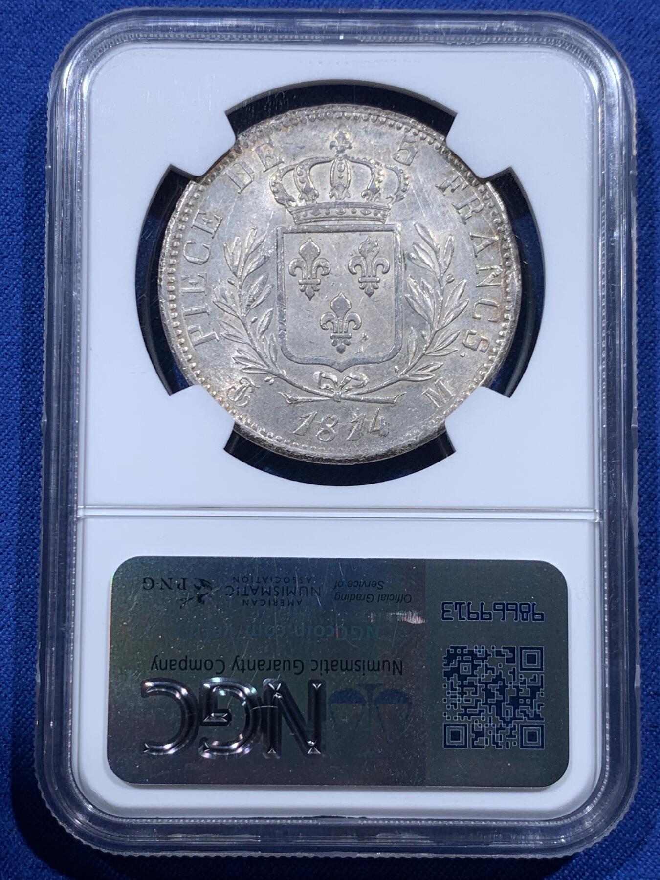 《竞宝斋》第396场 周日，周一，2场连拍 （全场包邮） NGC UNCD 法国1814年路易十八戎装版5法郎银币 人像像深打 凹凸有致 高耸发丝体力感强 养眼包浆