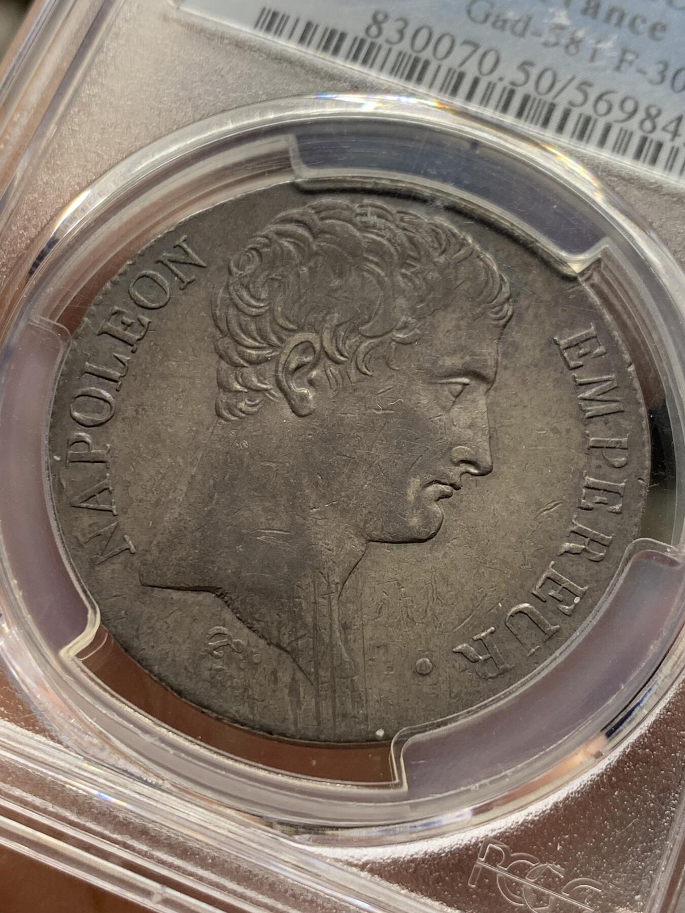 《竞宝斋》第396场 周日，周一，2场连拍 （全场包邮） PCGS  AU50 法国1806年拿破仑一世5法郎银币 无冠头像 纪年版少见 深彩包浆 非常好