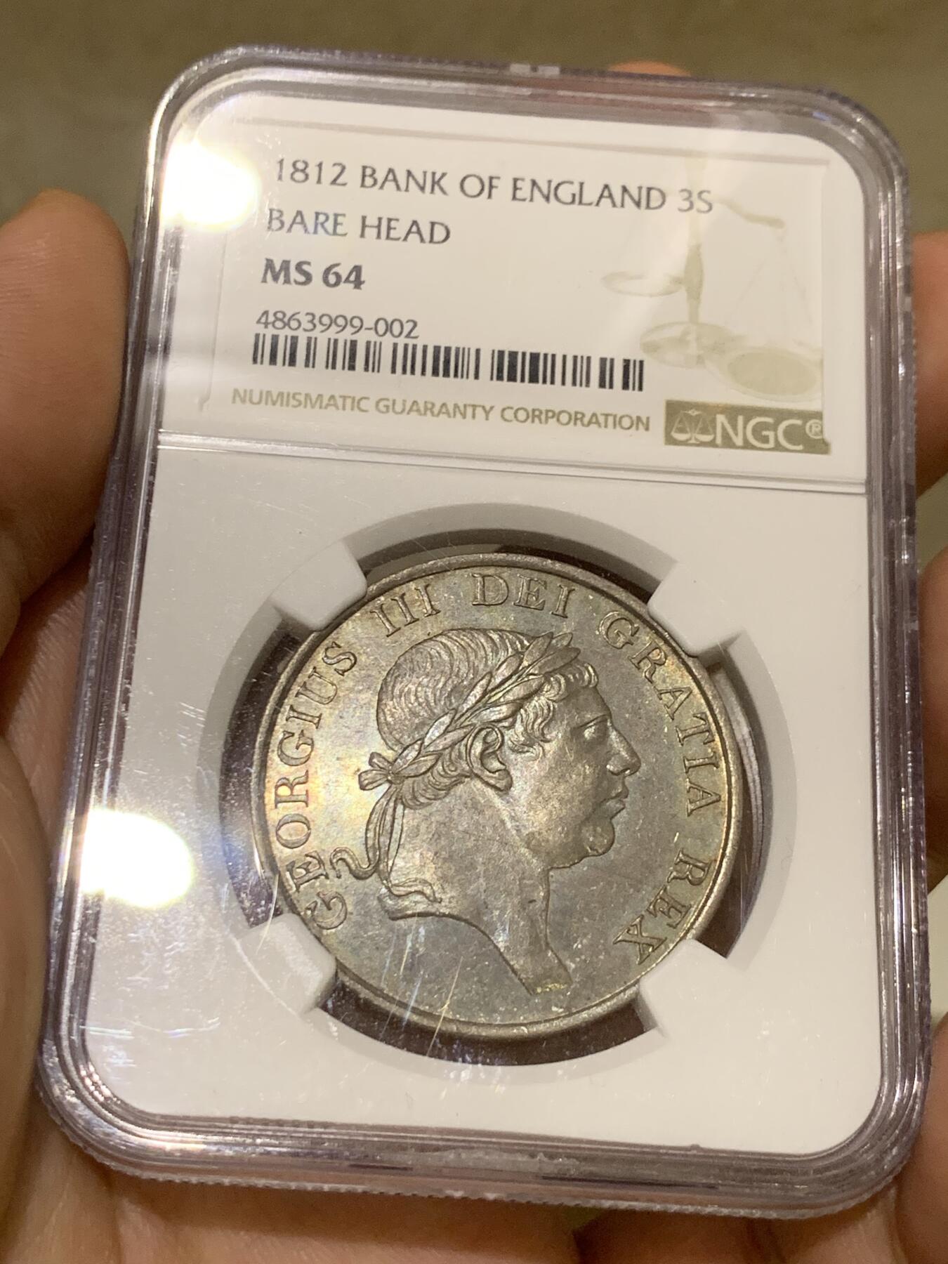 《竞宝斋》第397场 周日，周一，2场连拍 （全场包邮） NGC MS64 英国1812乔治三世 英格兰银行3先令银币，金绿色包浆，原状态