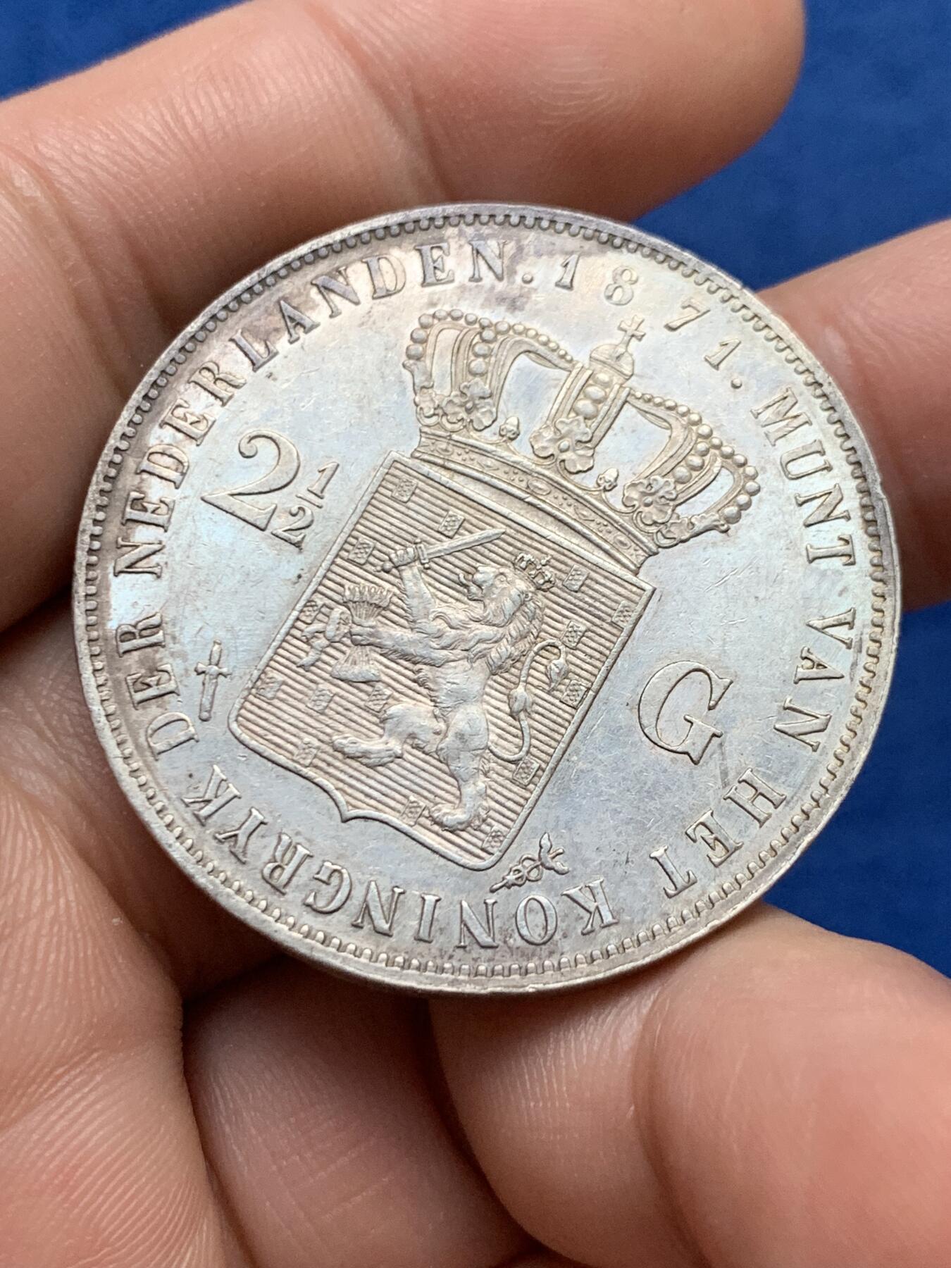 《竞宝斋》第397场 周日，周一，2场连拍 （全场包邮） 荷兰1871年威廉三世2.5盾银币 正面状态不错