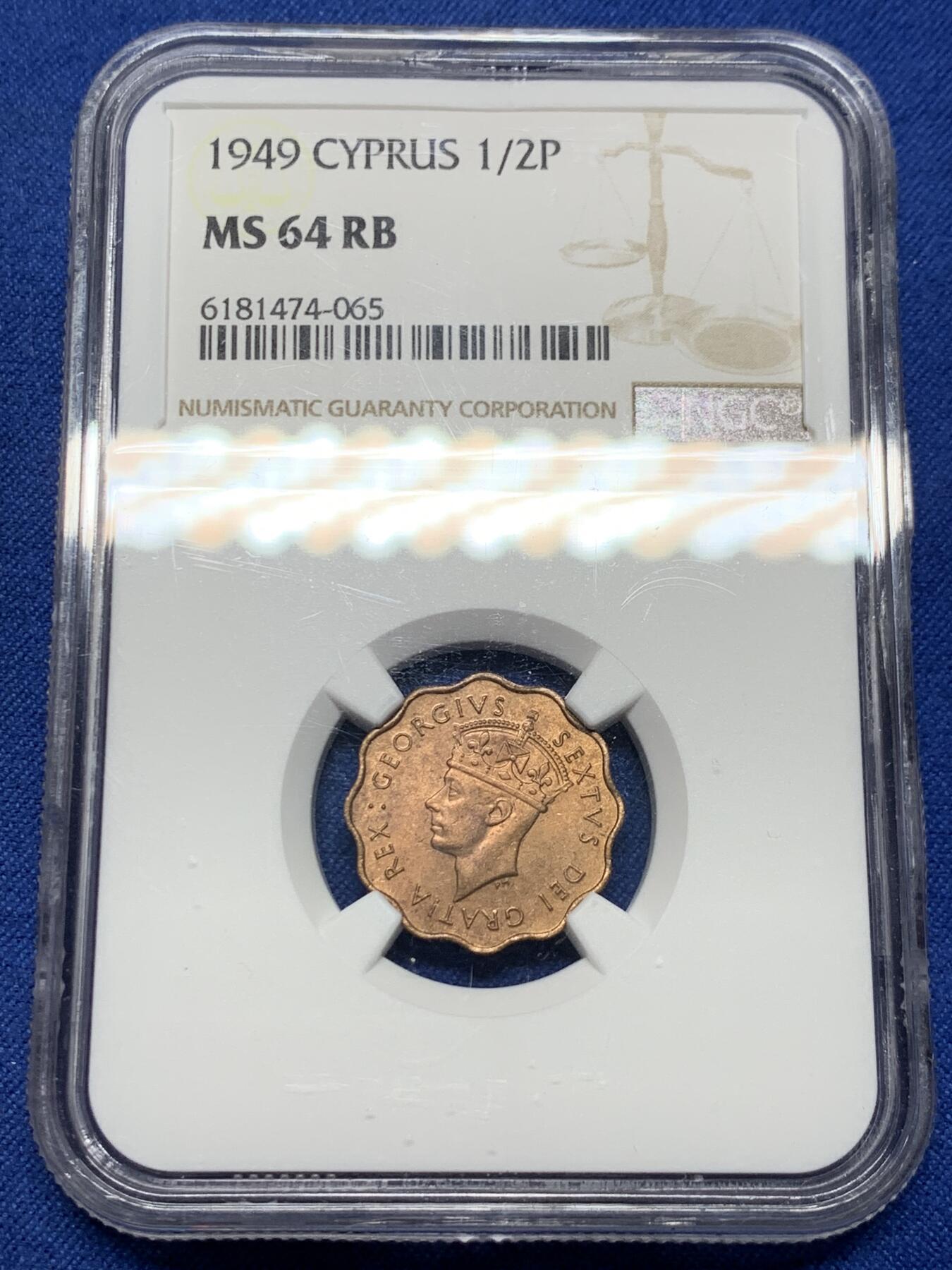 《竞宝斋》第396场 周日，周一，2场连拍 （全场包邮） NGC MS64RB 英属塞浦路斯1949年1/2分铜币 乔治六世头像