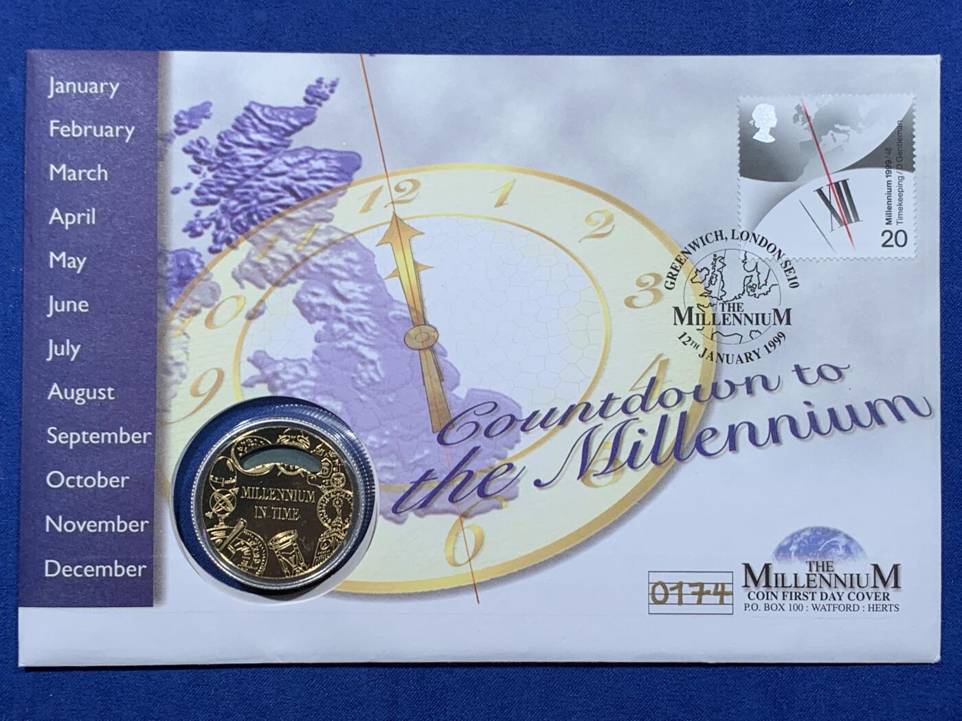 《竞宝斋》第396场 周日，周一，2场连拍 （全场包邮） 英国千禧年倒计时邮币封，含圣多美1999年千禧倒计时精制加厚特殊设计银币，925银，币重36.55克，完美状态。