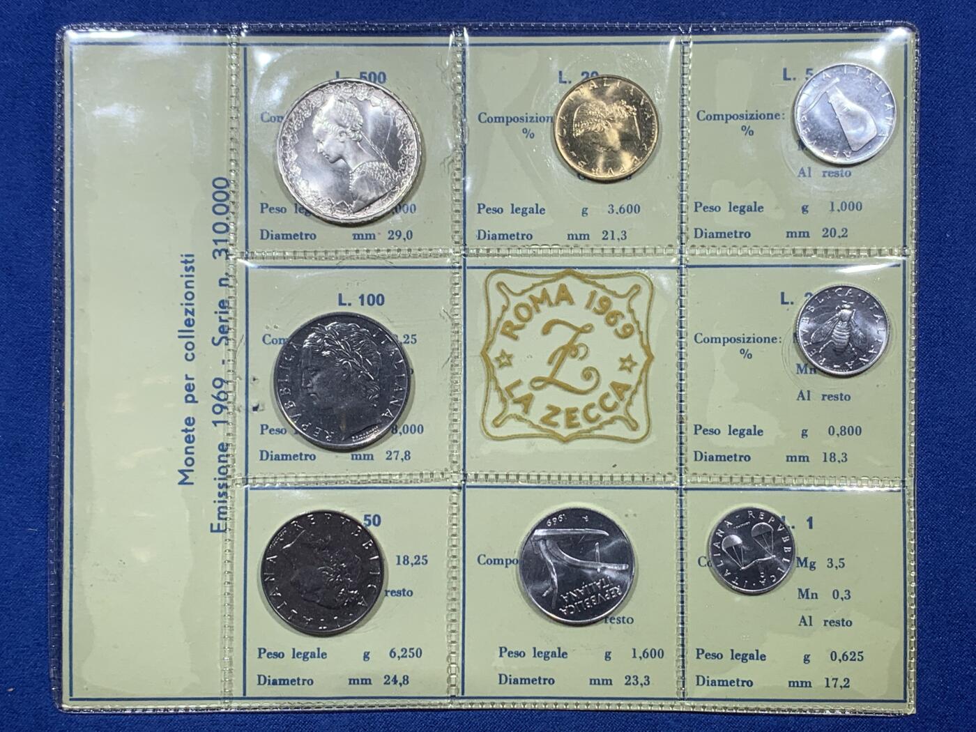 《竞宝斋》第396场 周日，周一，2场连拍 （全场包邮） 意大利1969年套币，含500里拉帆船美女银币，银币11克，0.835银。