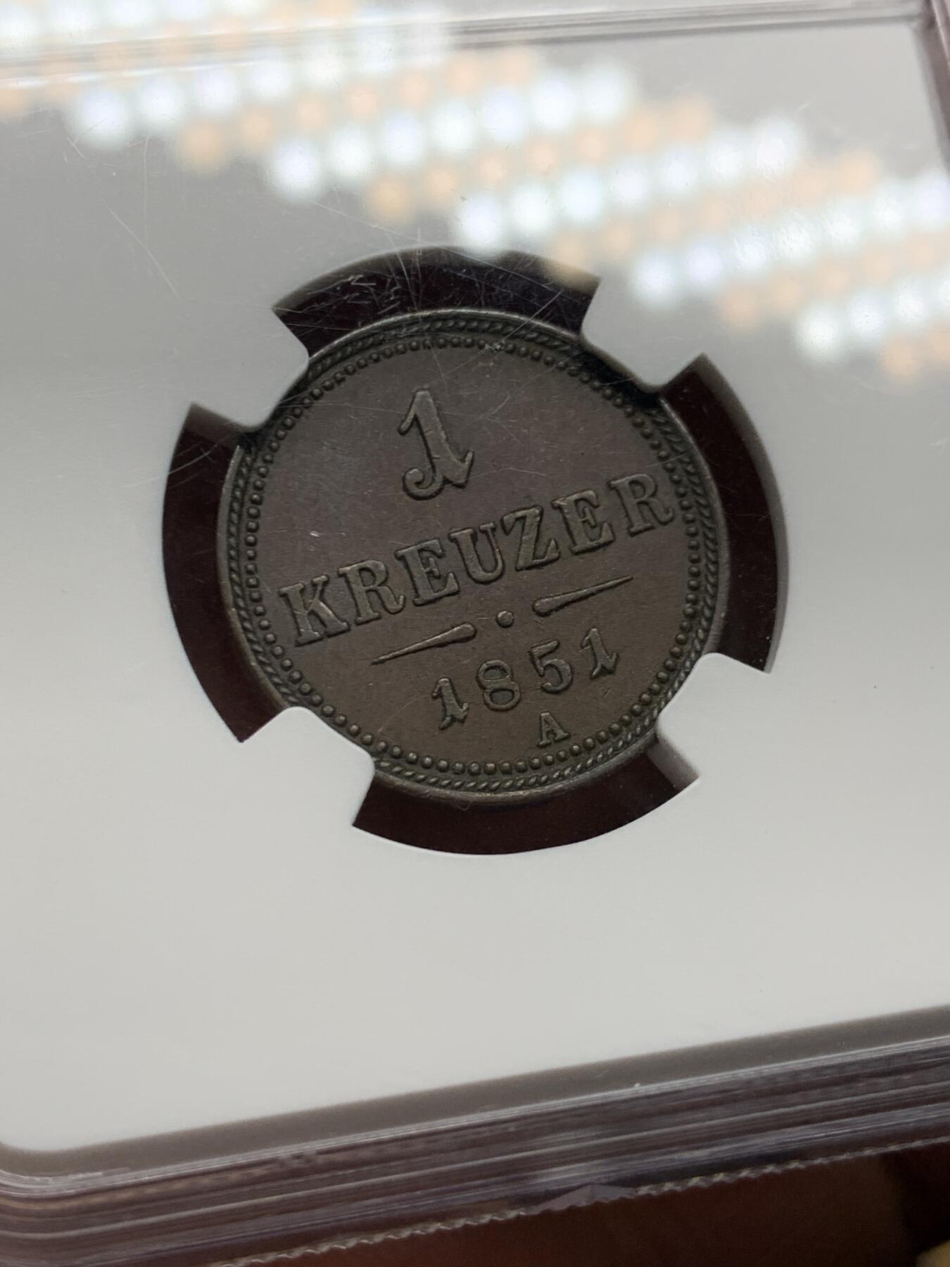 《竞宝斋》第396场 周日，周一，2场连拍 （全场包邮） NGC AU55BN 奥地利帝国 1851A 1K铜币