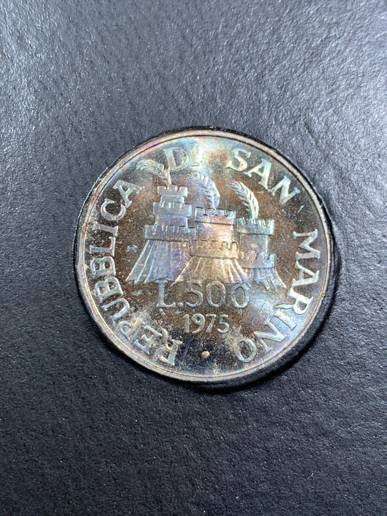 《竞宝斋》第396场 周日，周一，2场连拍 （全场包邮） 卡装 圣马力诺1975年钱币局开业纪念500里拉银币