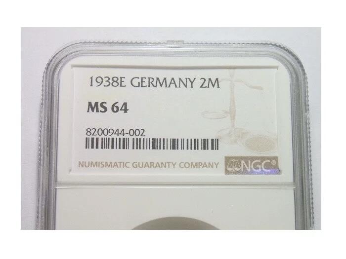 【银】NGC MS64 德国第三帝国1938年E版2马克银币 难得开卷原光