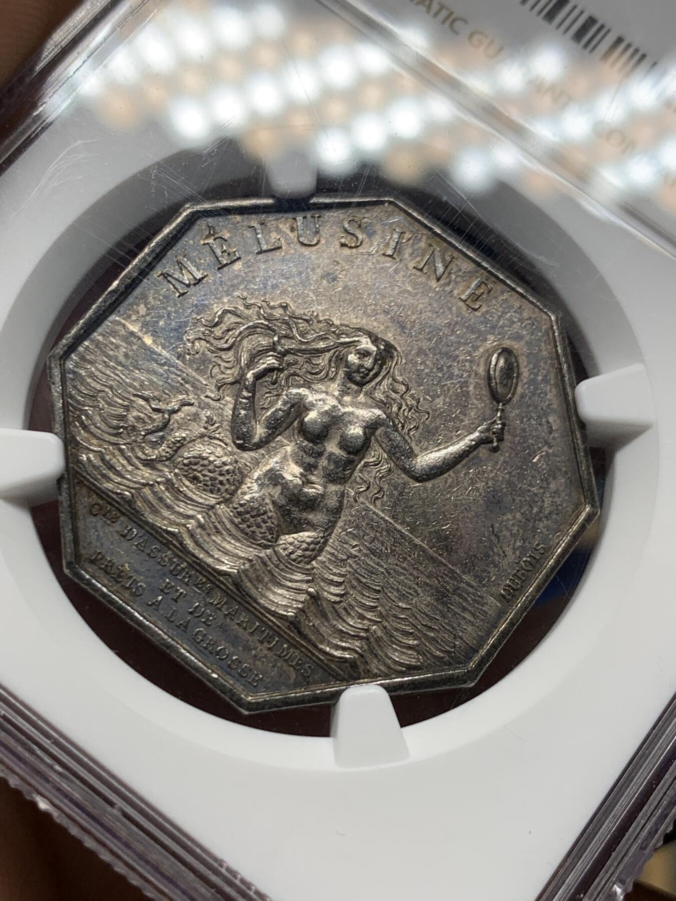 《竞宝斋》第397场 周日，周一，2场连拍 （全场包邮） NGC AU55 法国海妖美人鱼八角银章代用币 名誉品 法国八角目录封面作品 五彩包浆 非常迷人