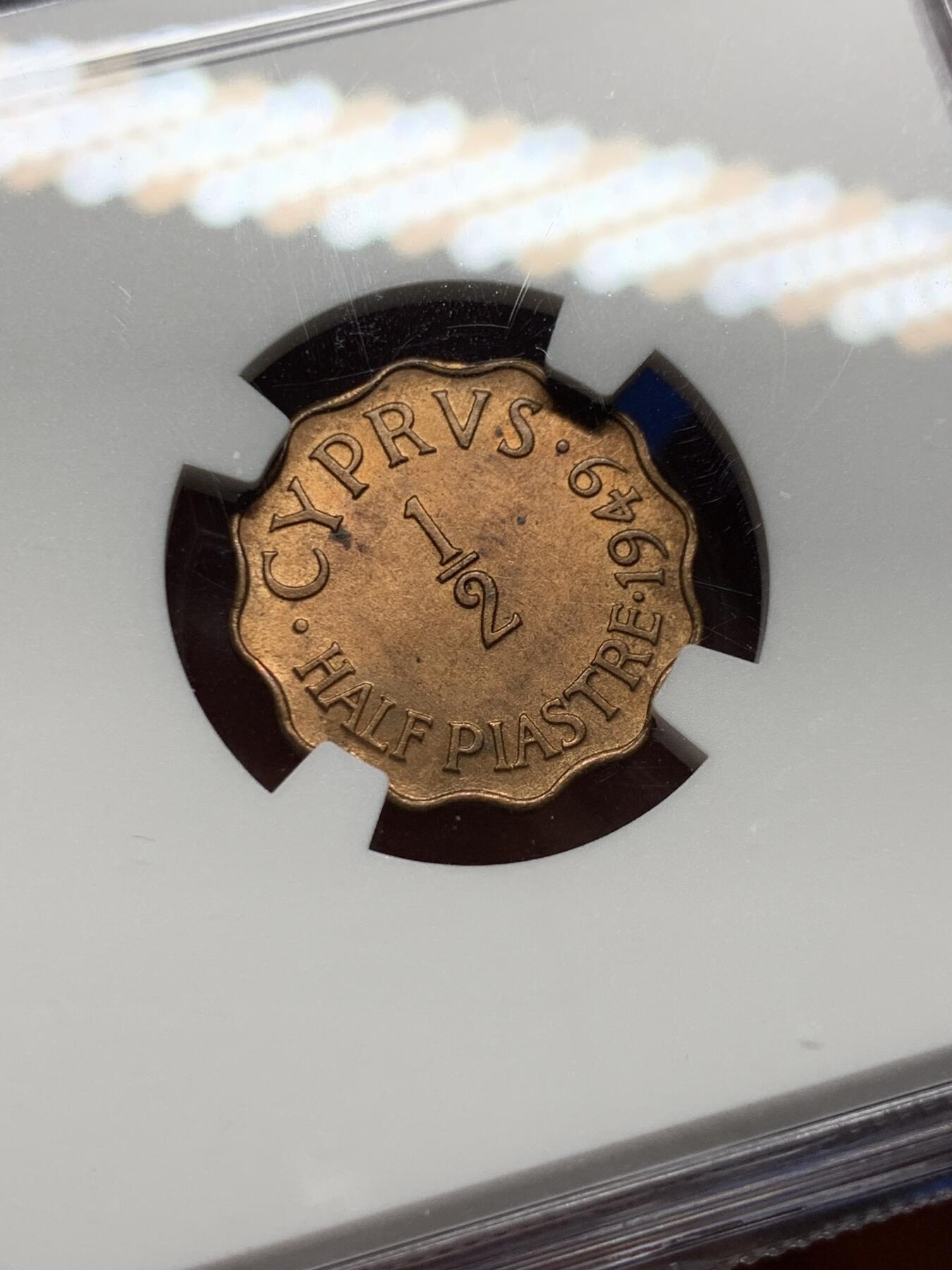 《竞宝斋》第396场 周日，周一，2场连拍 （全场包邮） NGC MS64RB 英属塞浦路斯1949年1/2分铜币 乔治六世头像