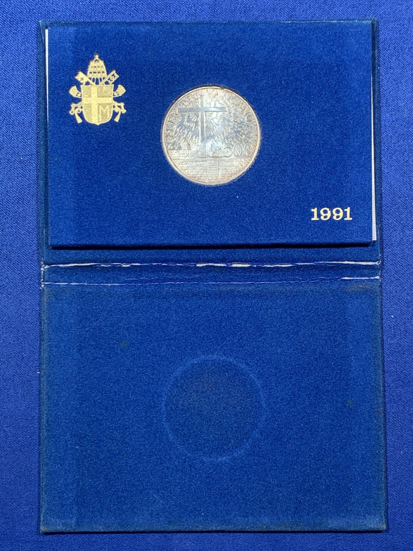 《竞宝斋》第397场 周日，周一，2场连拍 （全场包邮） 梵蒂冈 1991年约翰保罗二世 500里拉银币 转光 蓝本原装 少见