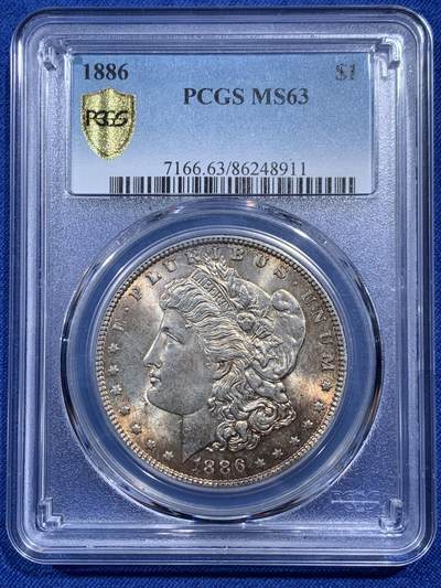 《竞宝斋》第396场 周日，周一，2场连拍 （全场包邮） - PCGS MS63 美国 1886年 1美圆 双面彩包浆，状态好值得收藏
