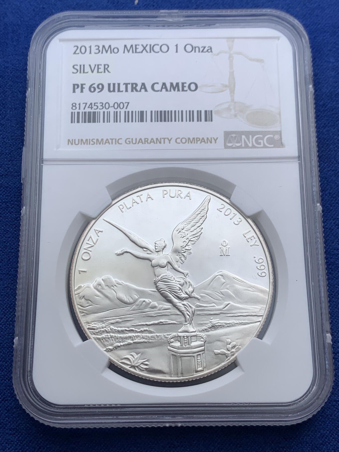 《竞宝斋》第396场 周日，周一，2场连拍 （全场包邮） NGC PF69UC 墨西哥2013年发行的自由女神（飞天）精制纪念银币（999纯银，40MM币径，盒证齐全，发行量1万枚，市场裸币1000+）