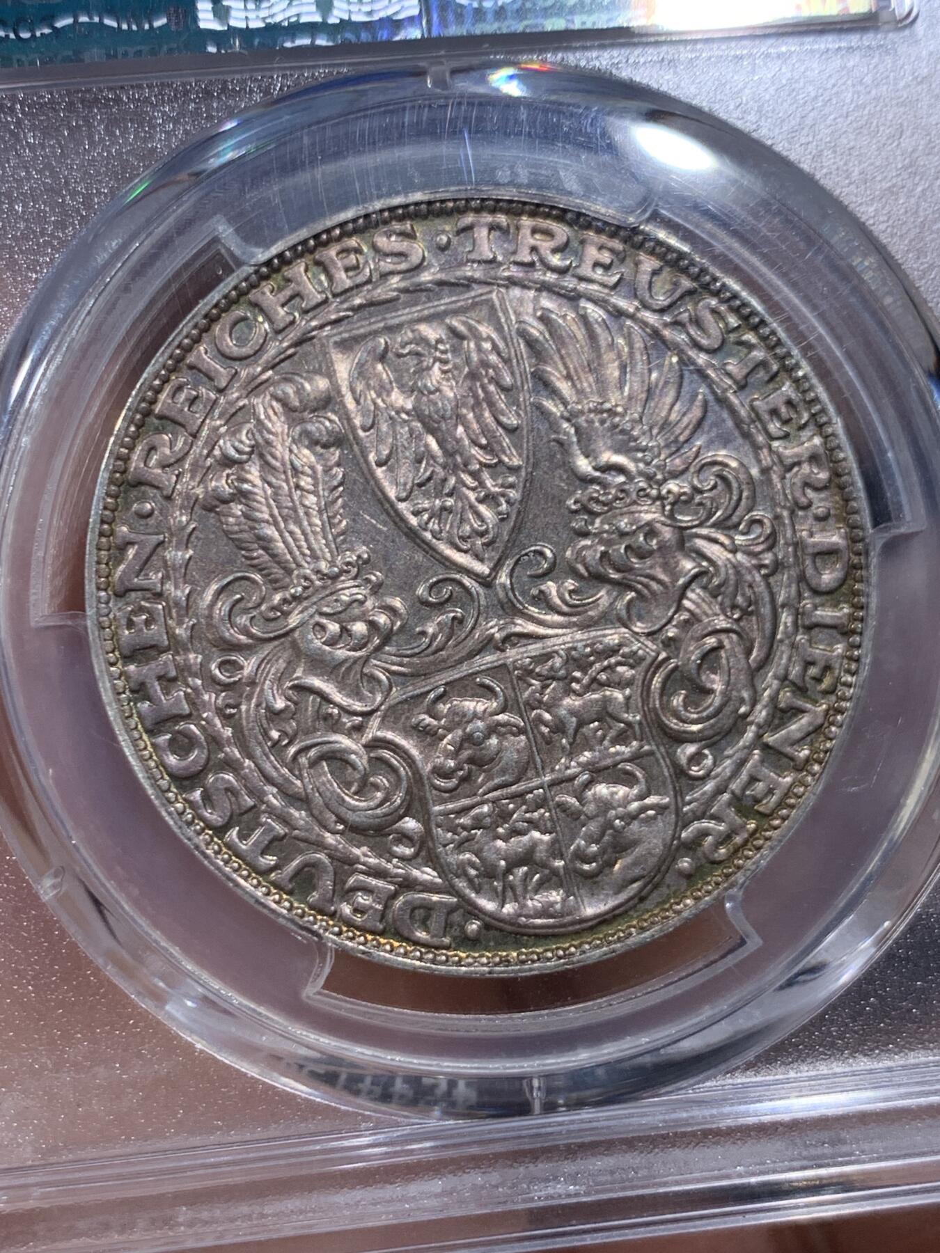 《竞宝斋》第396场 周日，周一，2场连拍 （全场包邮） PCGS SP62 德国1927兴登堡80大寿5马克币型章 卡尔哥茨大师名作 背面支撑 小磕