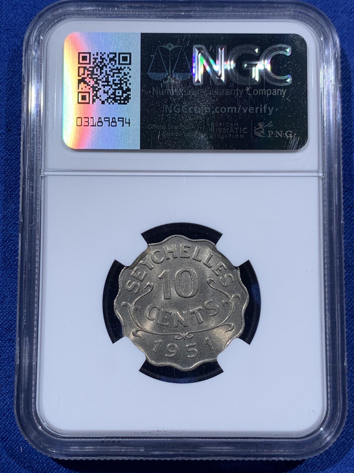 《竞宝斋》第397场 周日，周一，2场连拍 （全场包邮） NGC MS65 英属塞舌尔1951年10分镍币  单年版 发行量仅3.6万 亚军分 仅一枚更高分