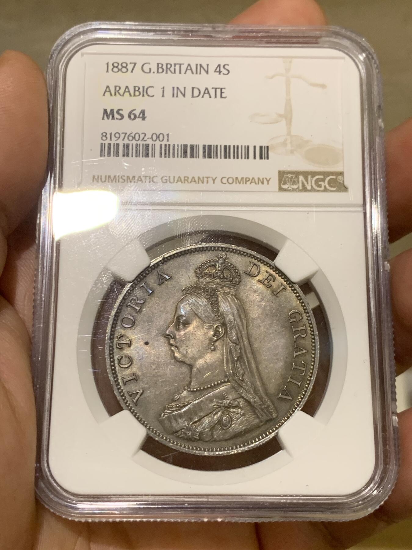 《竞宝斋》第396场 周日，周一，2场连拍 （全场包邮） NGC MS64 英国 1887 维多利亚双弗洛林银币   深峻初打  细节极佳  英伦深五彩包浆