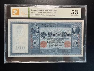 八十四场 - 德国1910版100马克TQG53分，初版红色冠号/库印版本，目送军舰出海的德意志化北欧女武神 瓦尔基里