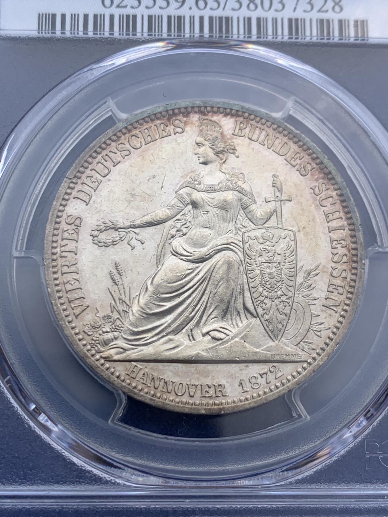 《竞宝斋》第396场 周日，周一，2场连拍 （全场包邮） PCGS SP63 德国1872年汉诺威射击节女神泰勒，发行仅6317枚，入选克劳斯珍稀币目录。正面日耳曼妮娅女神，背面汉诺威双狮 实物底板带PL感 环彩漂亮