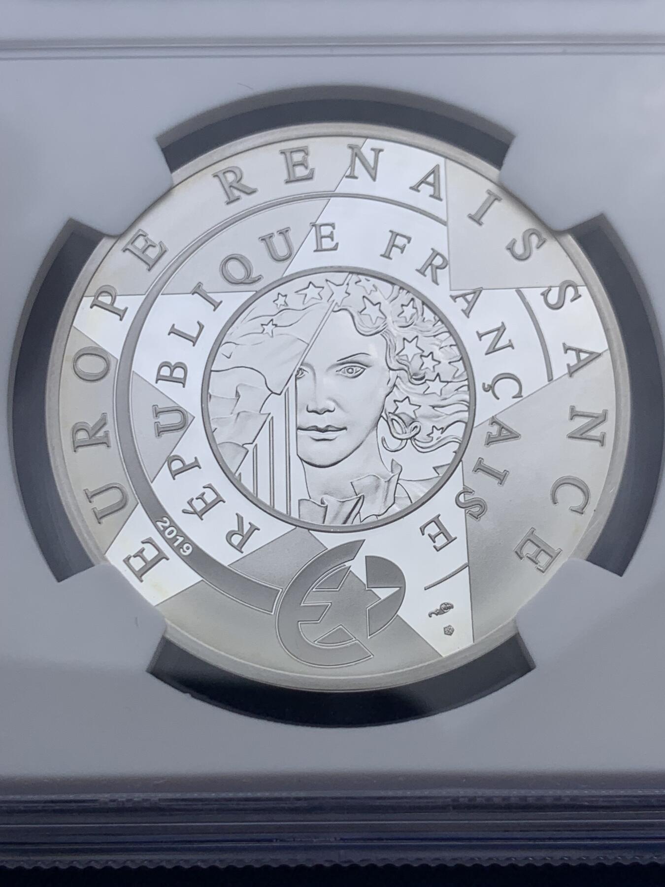 《竞宝斋》第396场 周日，周一，2场连拍 （全场包邮） NGC PF70UC 法国2019年文艺复兴欧洲之星达芬奇逝世500周年10欧精制纪念银币（加厚盒，900银，37MM币径，限量发行5千枚，冠军分少见罕有）盒证齐全