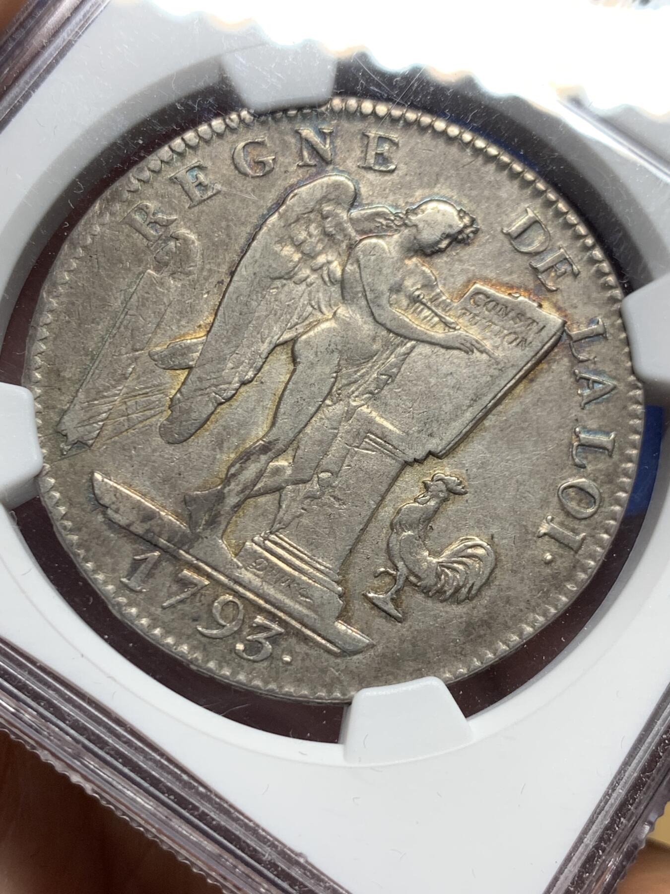 《竞宝斋》第396场 周日，周一，2场连拍 （全场包邮） NGC XF45 法国天使6里弗尔银币  欧洲灰彩包浆 温润耐看  大革命的见证  法系经典品种