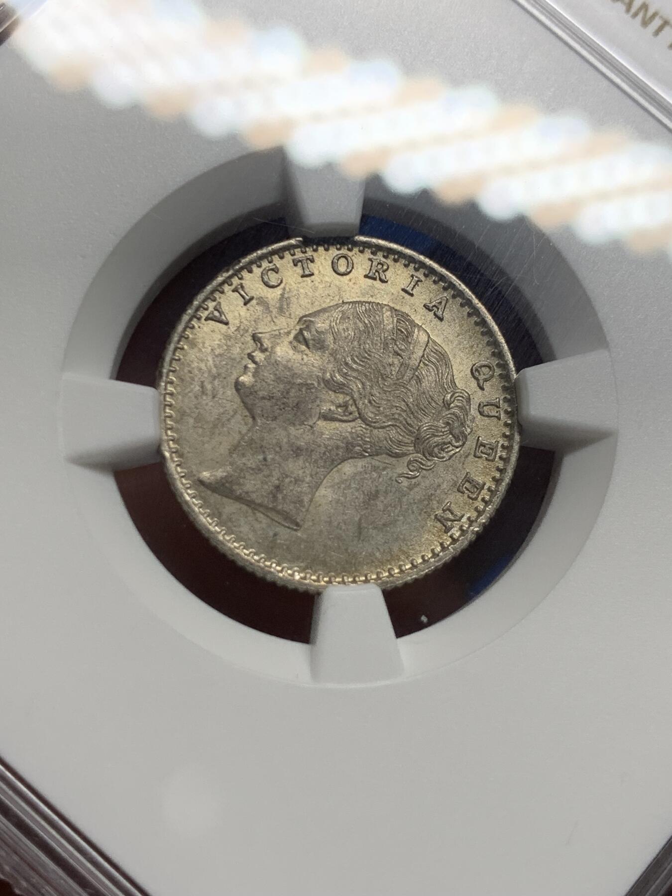 《竞宝斋》第396场 周日，周一，2场连拍 （全场包邮） NGC MS62 英属印度1840年1/4卢比银币 维多利亚女王 单辫版 好品较少