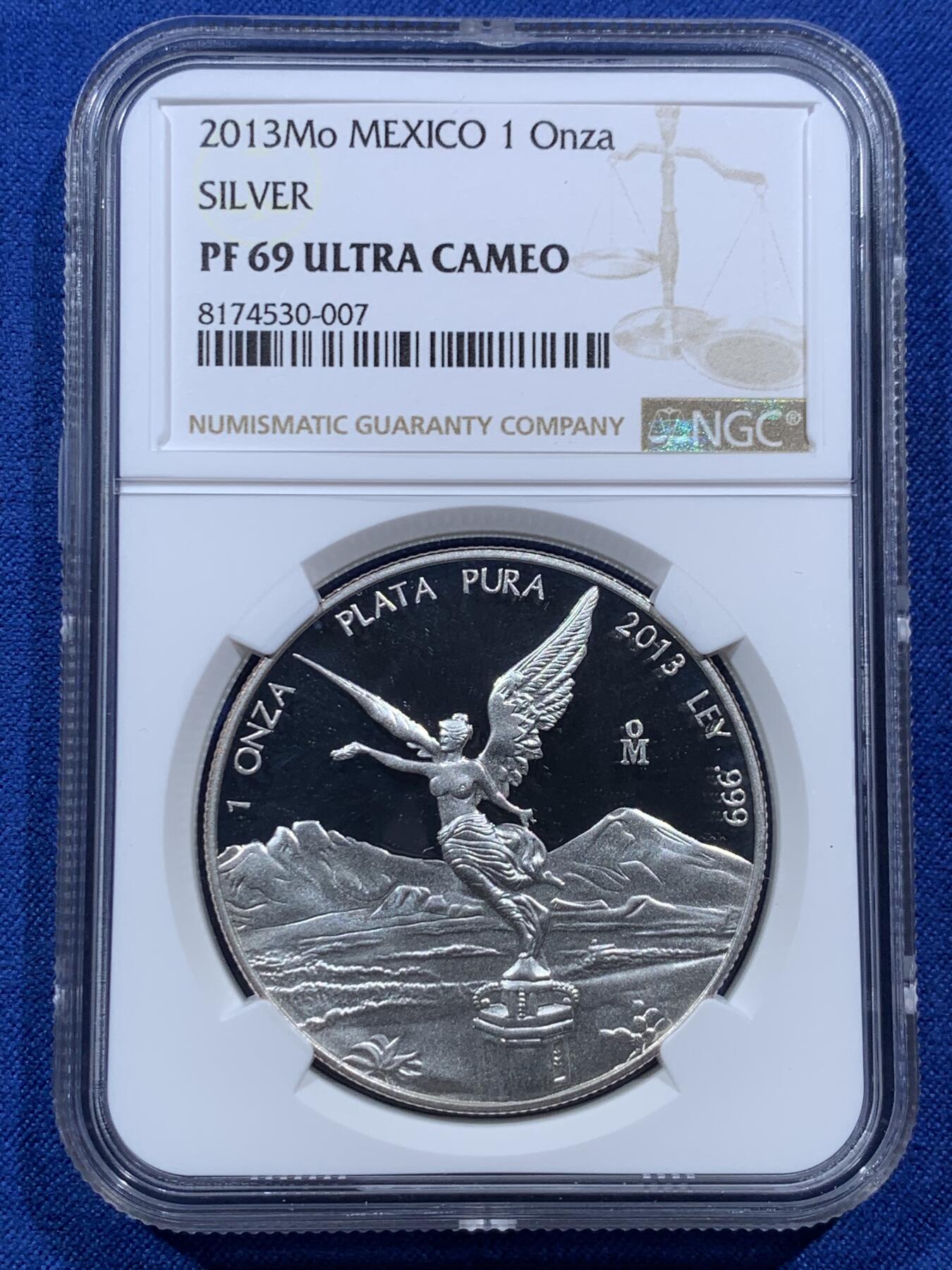 《竞宝斋》第396场 周日，周一，2场连拍 （全场包邮） NGC PF69UC 墨西哥2013年发行的自由女神（飞天）精制纪念银币（999纯银，40MM币径，盒证齐全，发行量1万枚，市场裸币1000+）