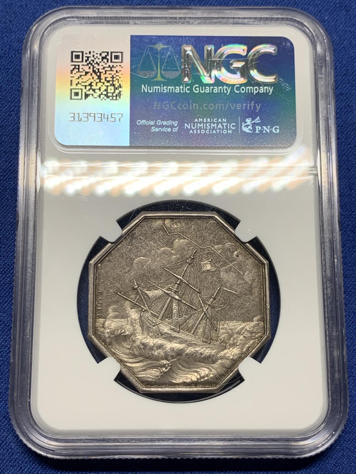 《竞宝斋》第397场 周日，周一，2场连拍 （全场包邮） NGC AU55 法国海妖美人鱼八角银章代用币 名誉品 法国八角目录封面作品 五彩包浆 非常迷人