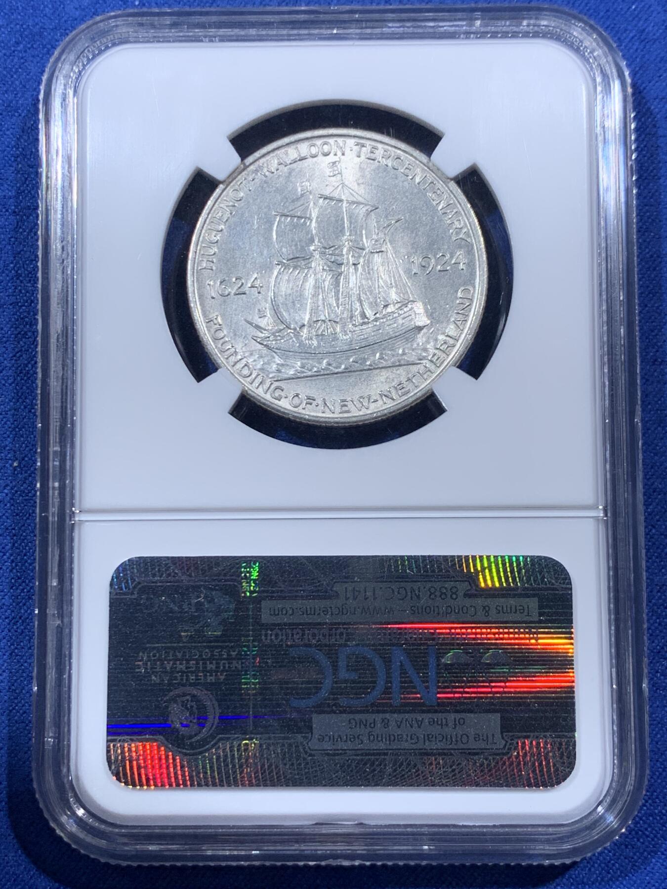 《竞宝斋》第397场 周日，周一，2场连拍 （全场包邮） NGC MS63 美国 1924年 50美分 胡格诺派和瓦隆人定居美国300周年纪念银币