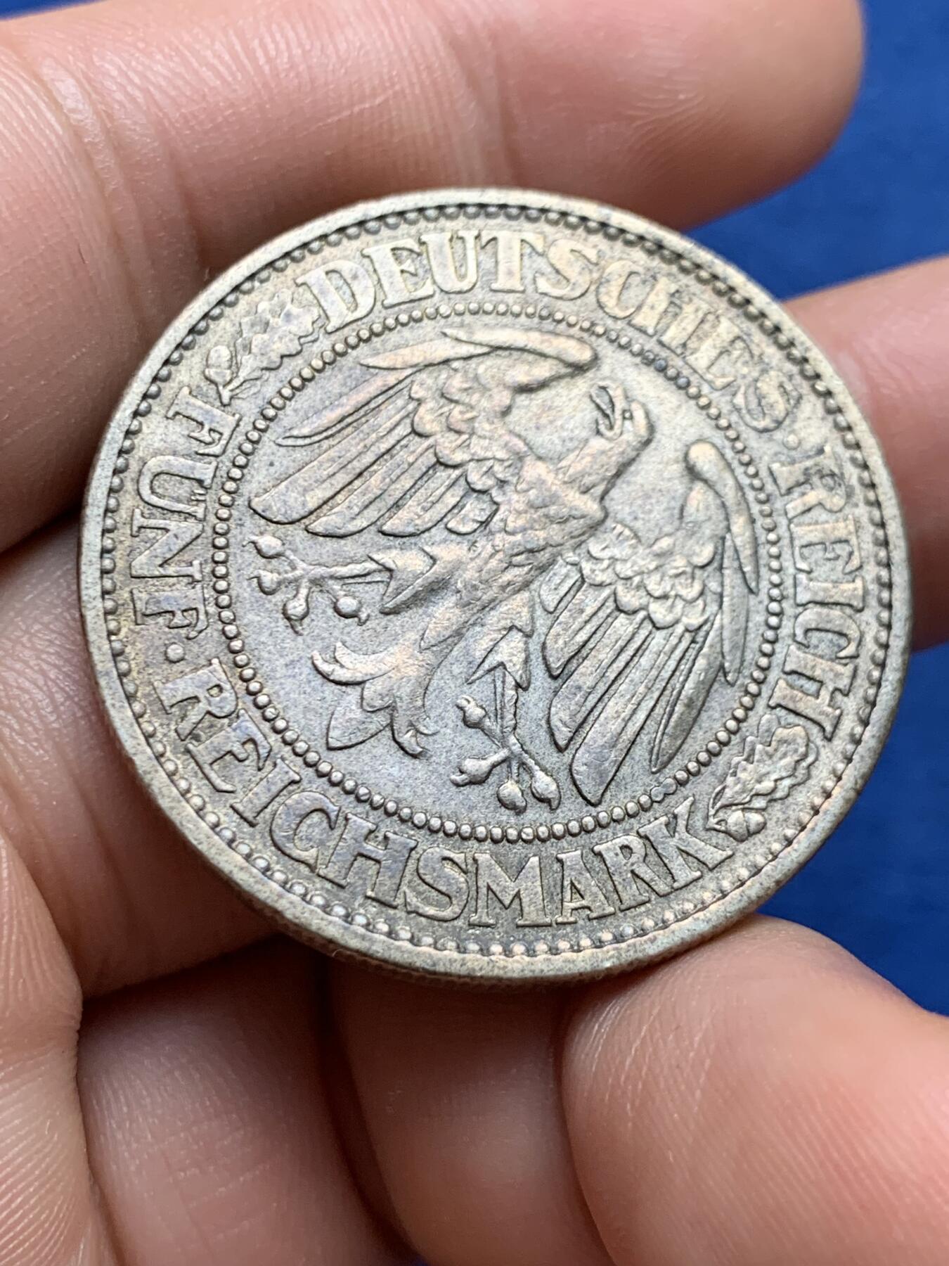 《竞宝斋》第396场 周日，周一，2场连拍 （全场包邮） 德国1931年橡树5马克银币，原味未洗黄油老包浆