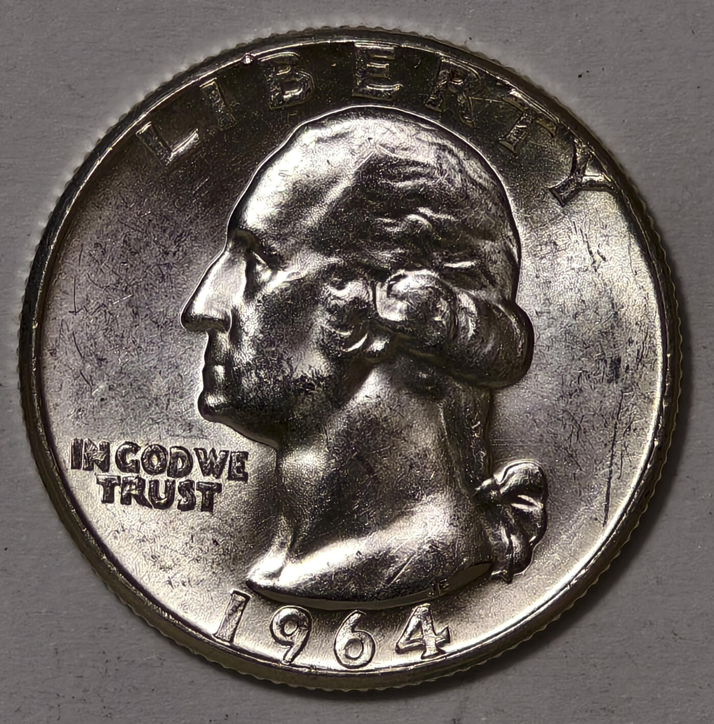 紫瑗钱币——第567期 美国 1964年  华盛顿 25美分 6.25克 0.9银 BU 可评级