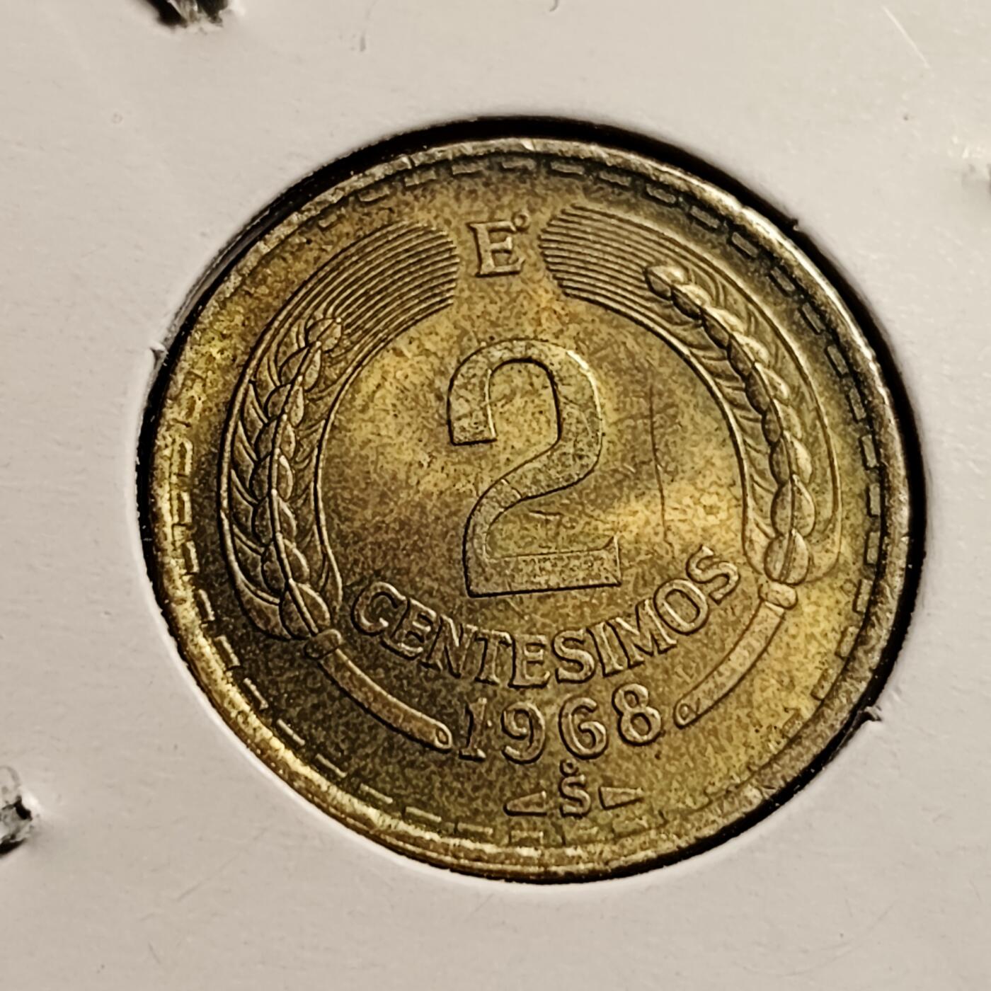 泉币菌-第45场-周末精品福利场 带底光智利1968年2分 国鸟安第斯山秃鹰 铝青铜币