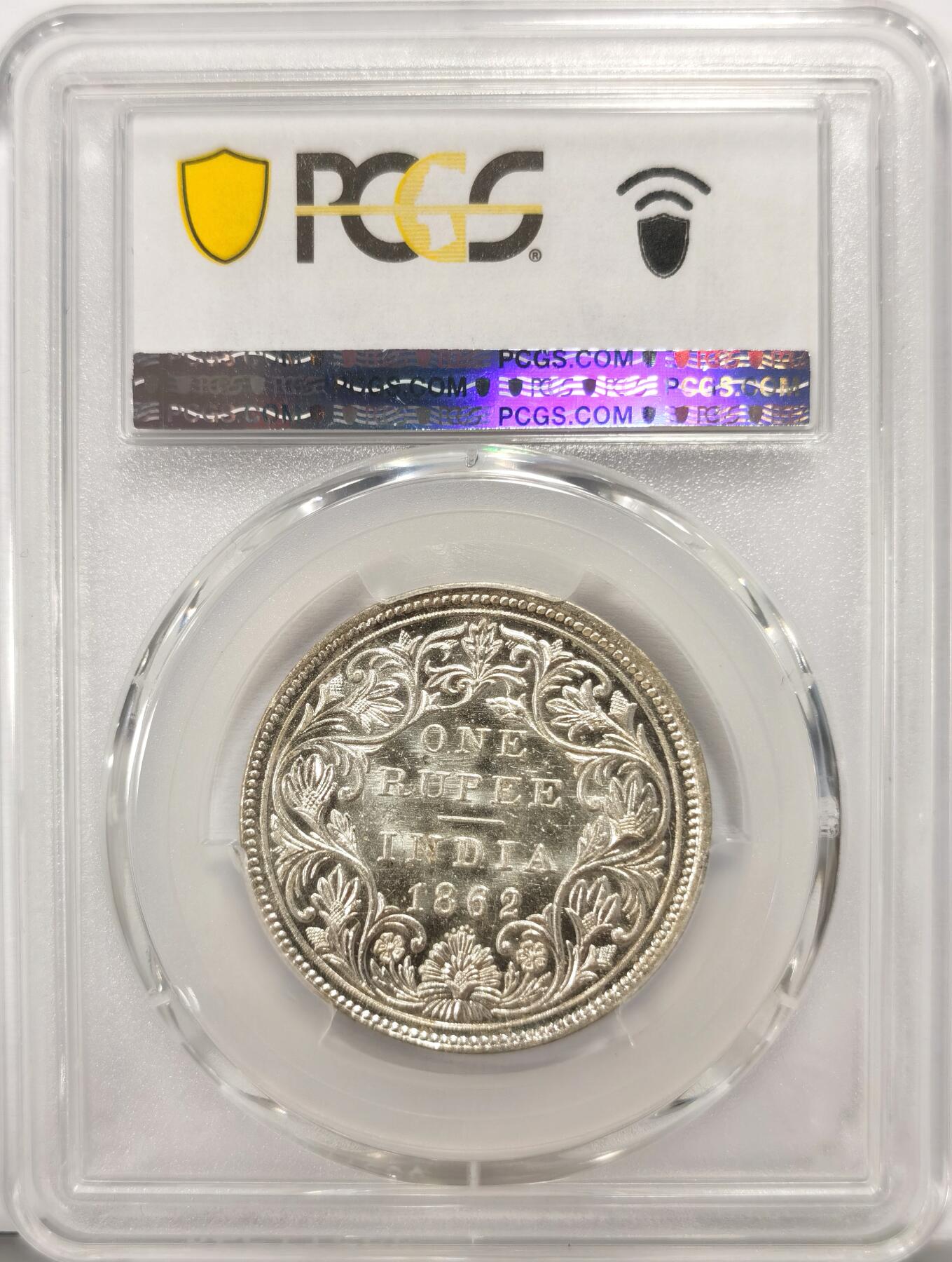 【麦稀奇收藏嘉年华】 博洋堂世界钱币拍卖第128期（全场包邮）因参加麦稀奇第三届币展，预计周日起陆续发货 PCGS MS62 英属印度1862年维多利亚1卢比银币，少见五点版